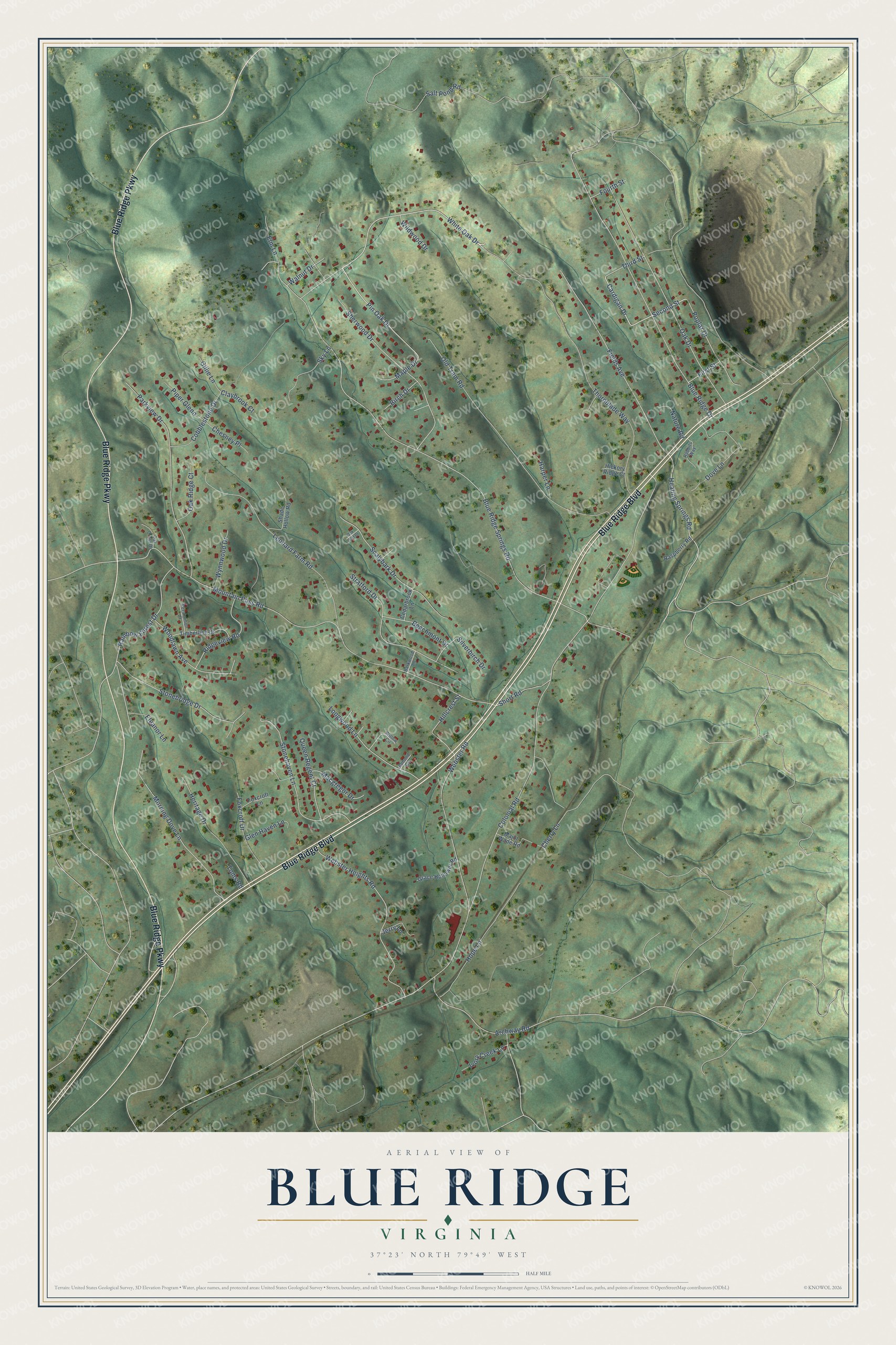 Full map of Blue Ridge, Virginia, with red buildings, printed street names and the land around them