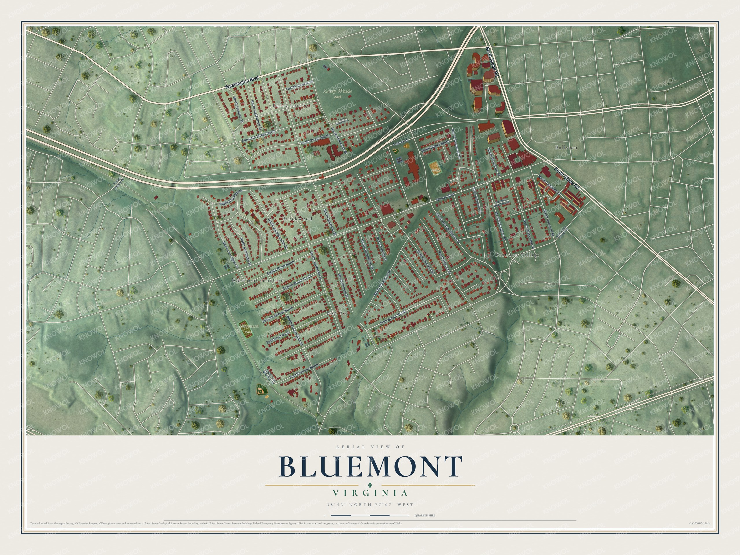 Full map of Bluemont, Virginia, with red buildings, printed street names and the land around them