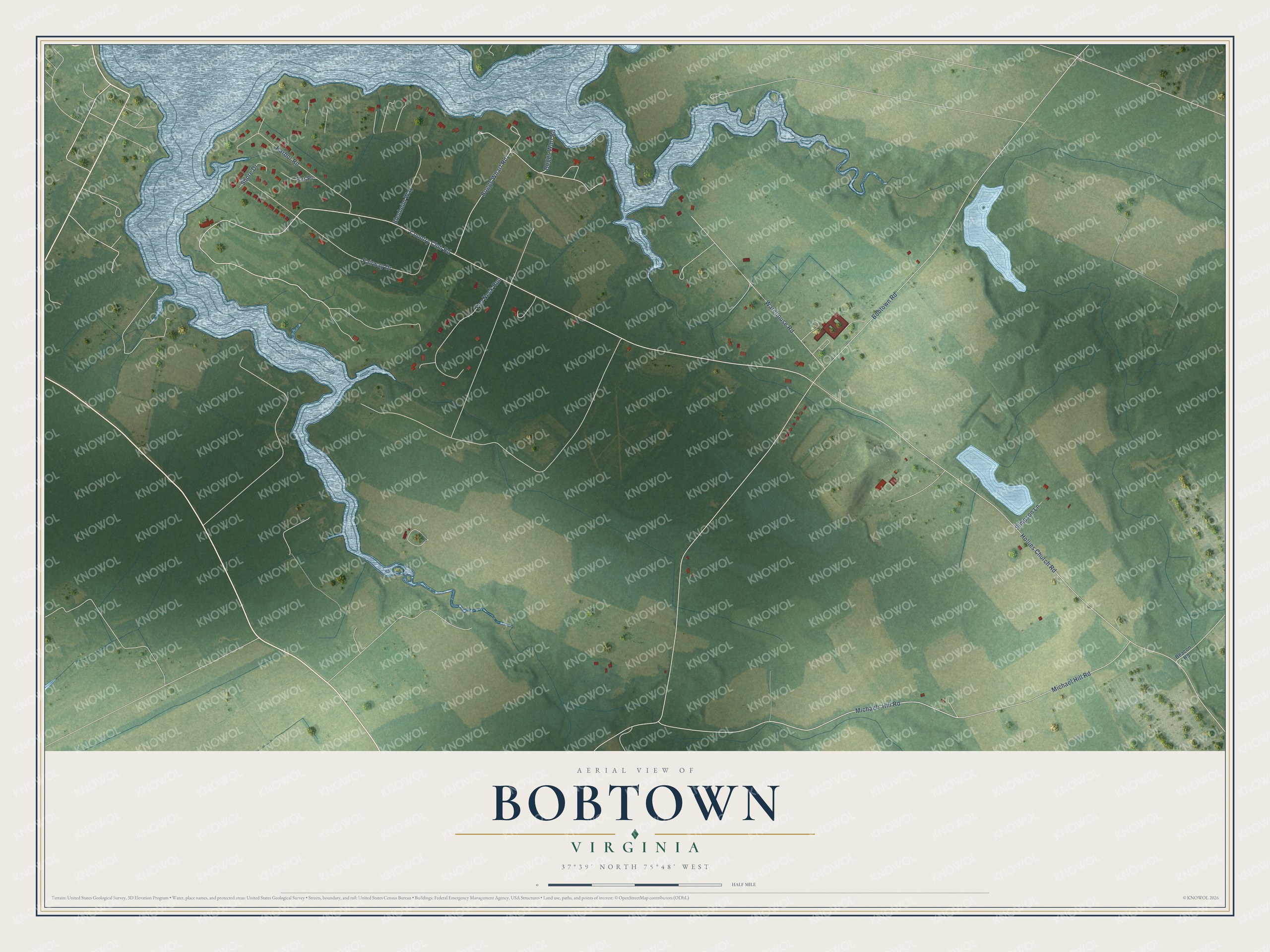 Full map of Bobtown, Virginia, with red buildings, printed street names and the land around them