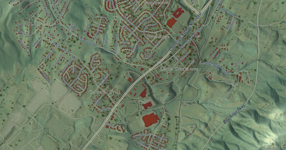 Close-up of streets and buildings in Bonsack, Virginia