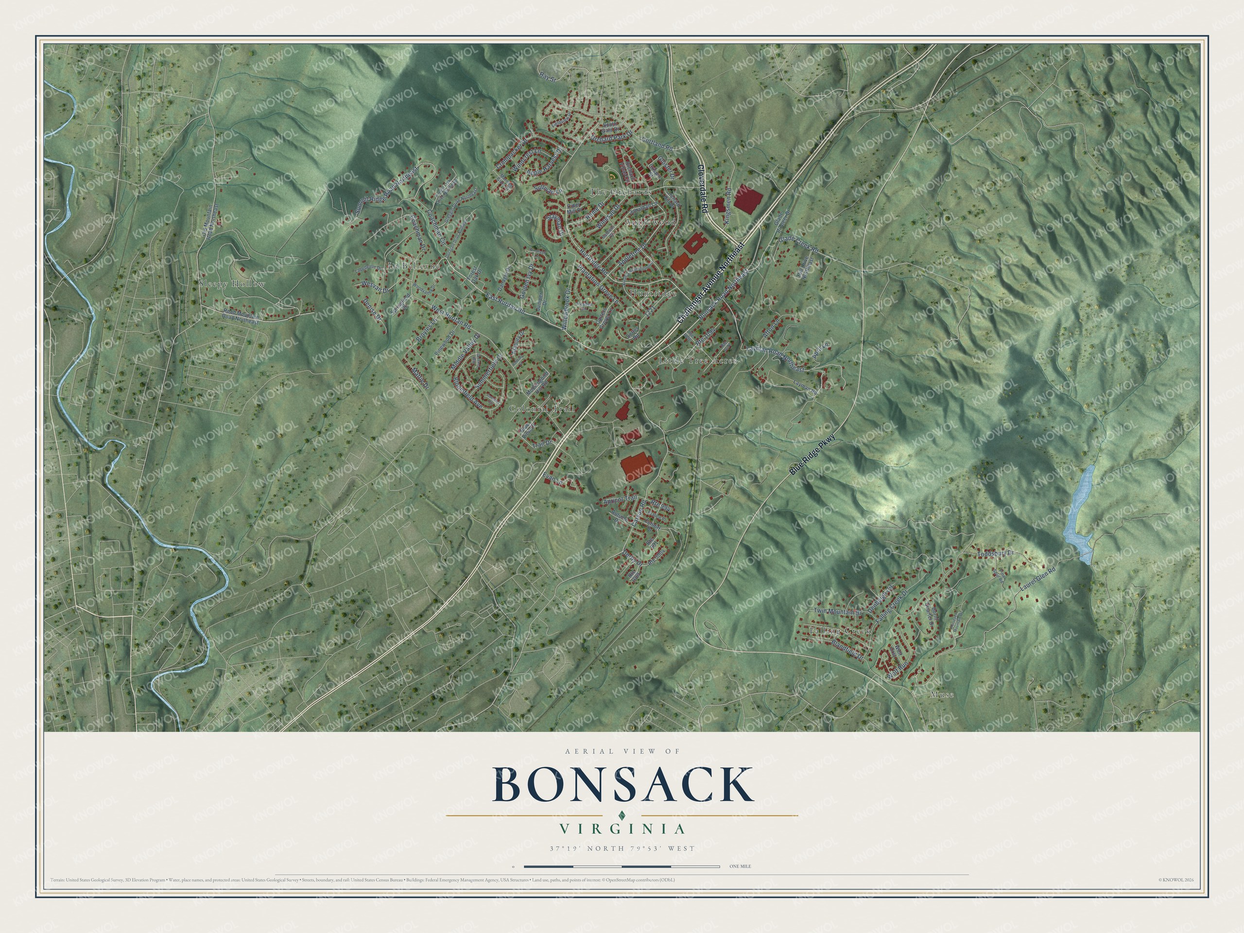 Full map of Bonsack, Virginia, with red buildings, printed street names and the land around them