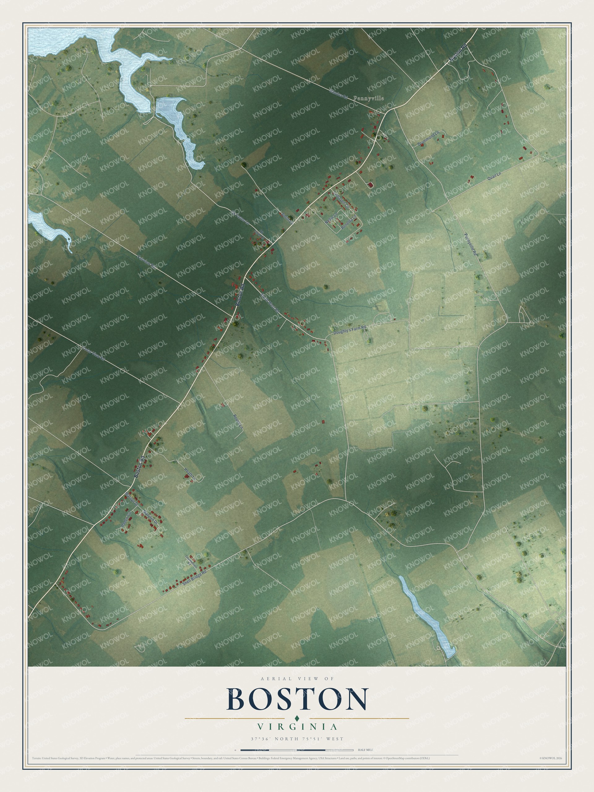 Full map of Boston, Virginia, with red buildings, printed street names and the land around them