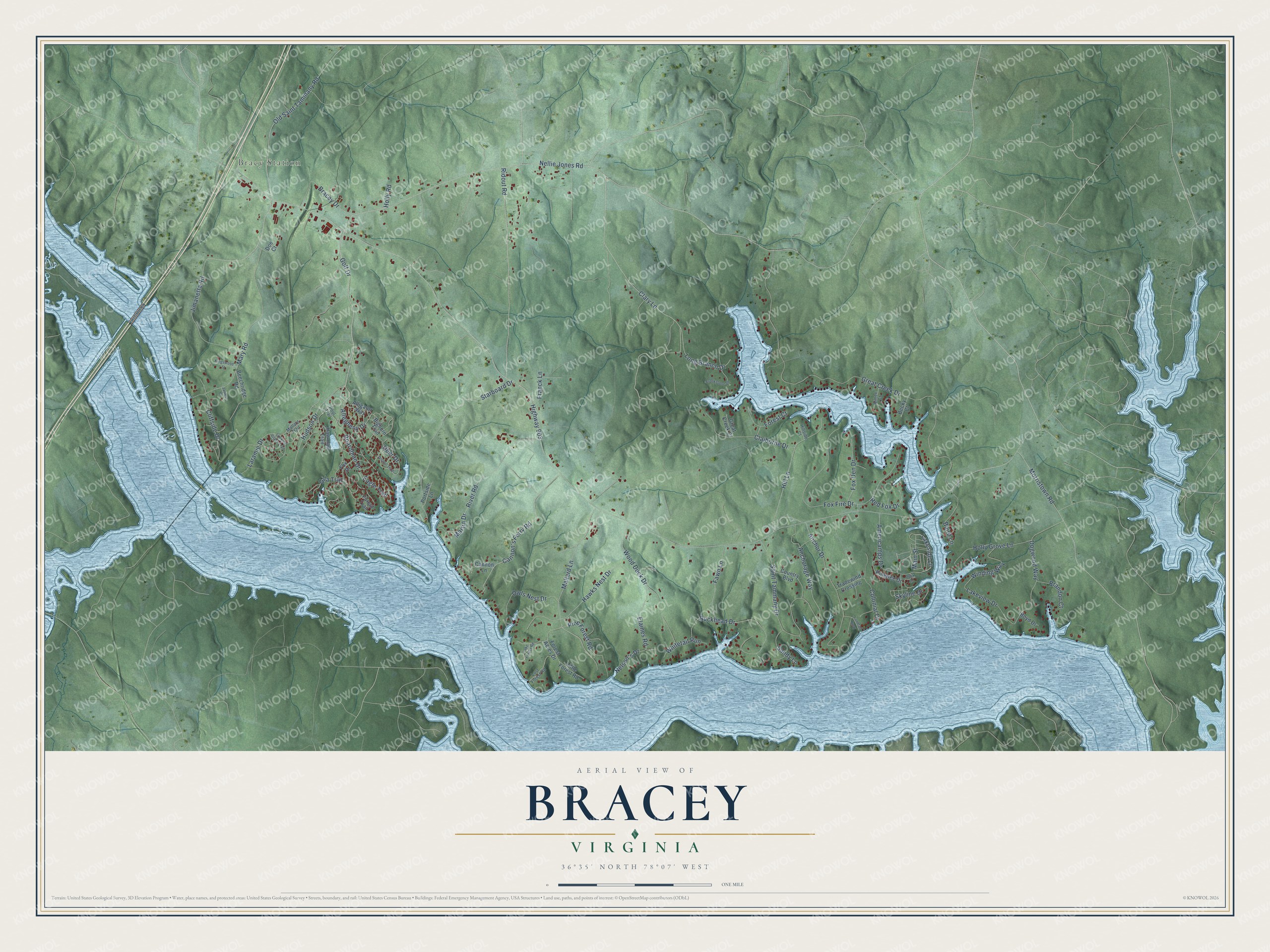 Full map of Bracey, Virginia, with red buildings, printed street names and the land around them
