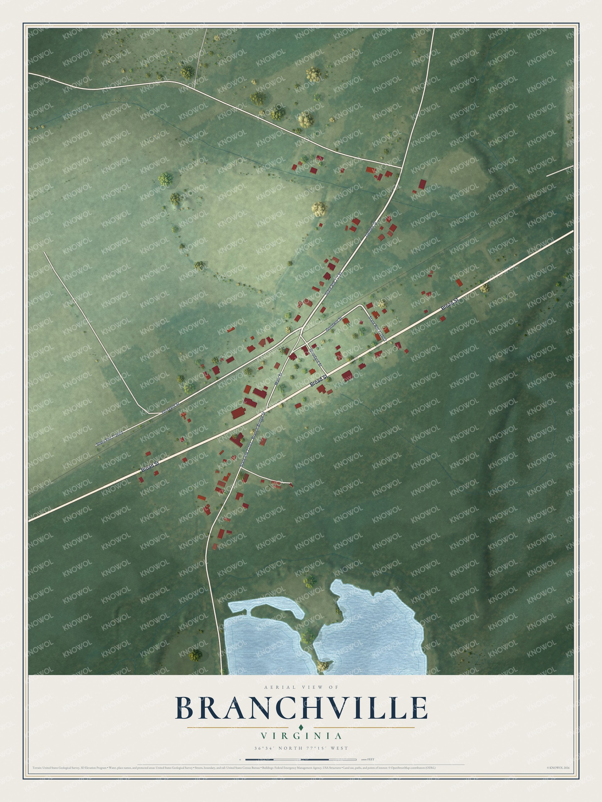 Full map of Branchville, Virginia, with red buildings, printed street names and the land around them