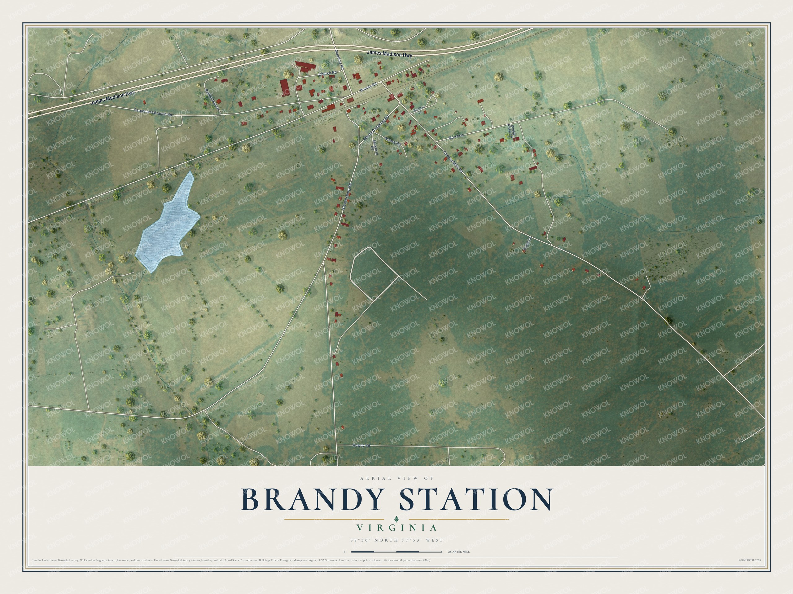 Full map of Brandy Station, Virginia, with red buildings, printed street names and the land around them