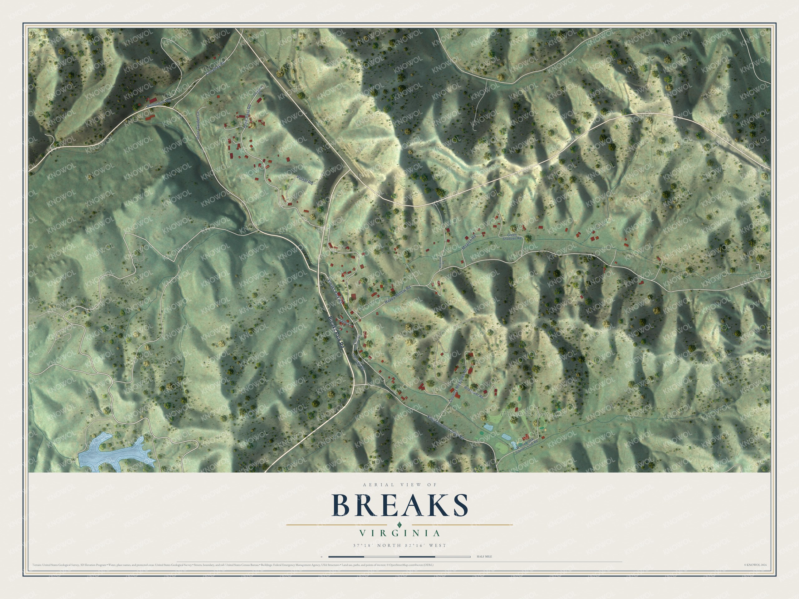 Full map of Breaks, Virginia, with red buildings, printed street names and the land around them