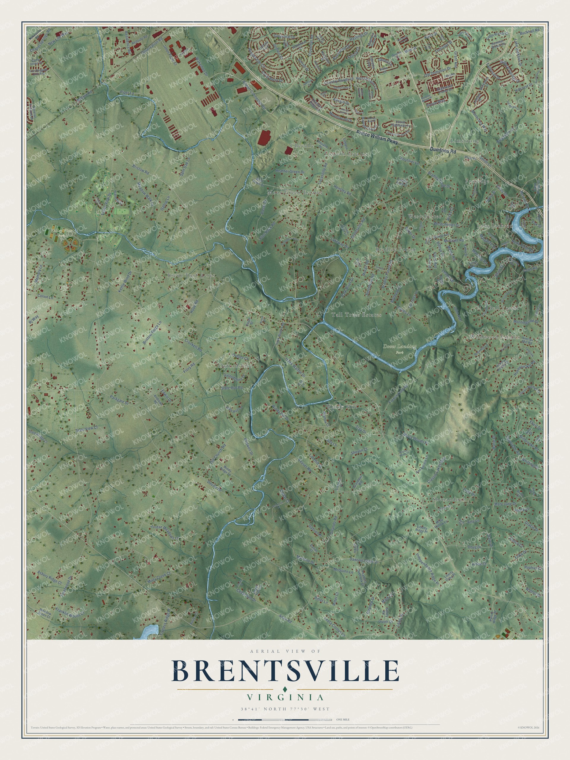 Full map of Brentsville, Virginia, with red buildings, printed street names and the land around them