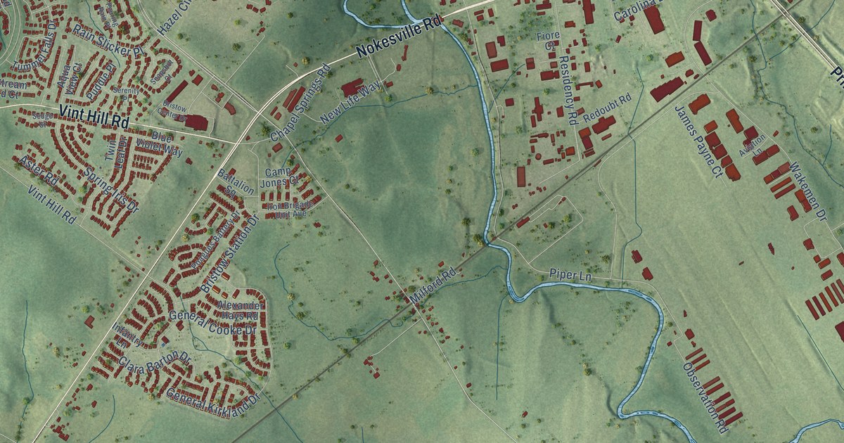 Close-up of streets and buildings in Bristow, Virginia
