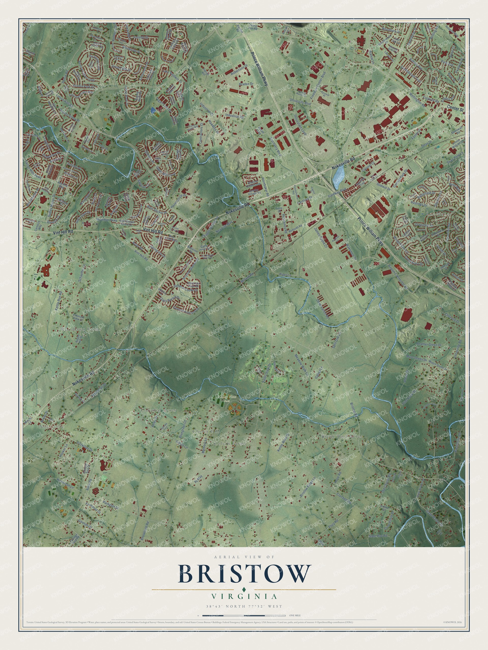 Full map of Bristow, Virginia, with red buildings, printed street names and the land around them