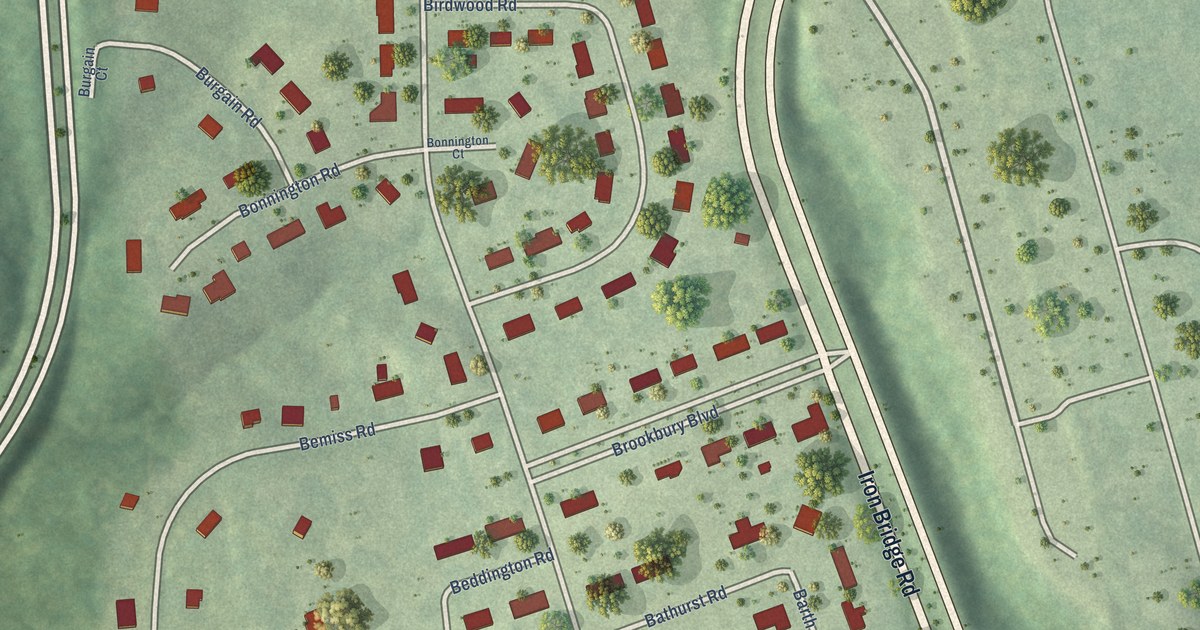 Close-up of streets and buildings in Brookbury, Virginia