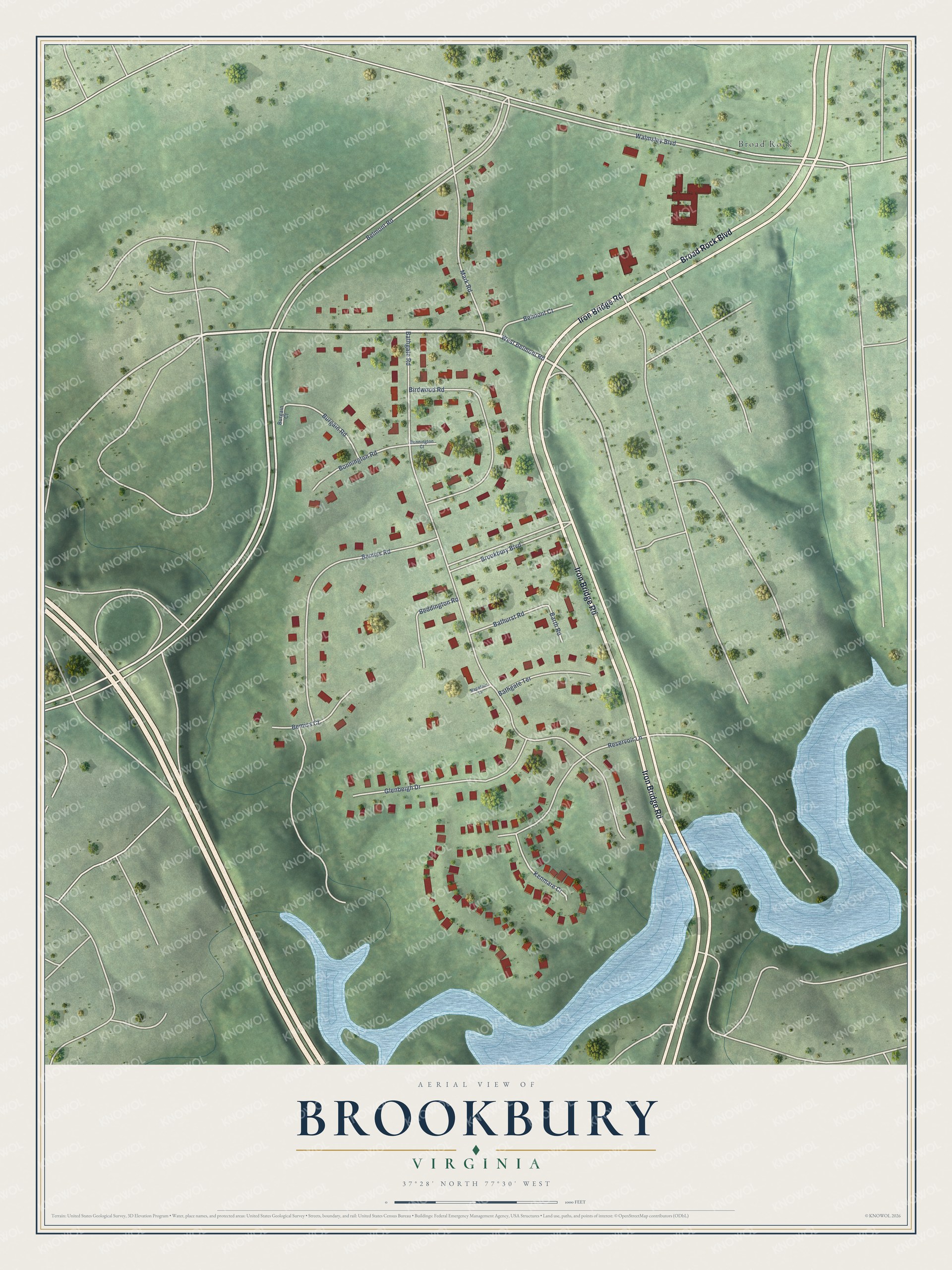 Full map of Brookbury, Virginia, with red buildings, printed street names and the land around them