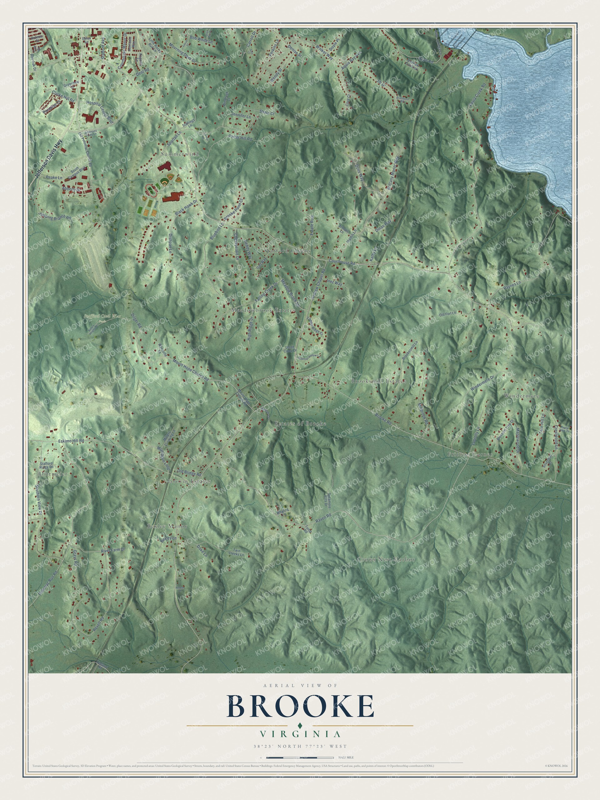 Full map of Brooke, Virginia, with red buildings, printed street names and the land around them