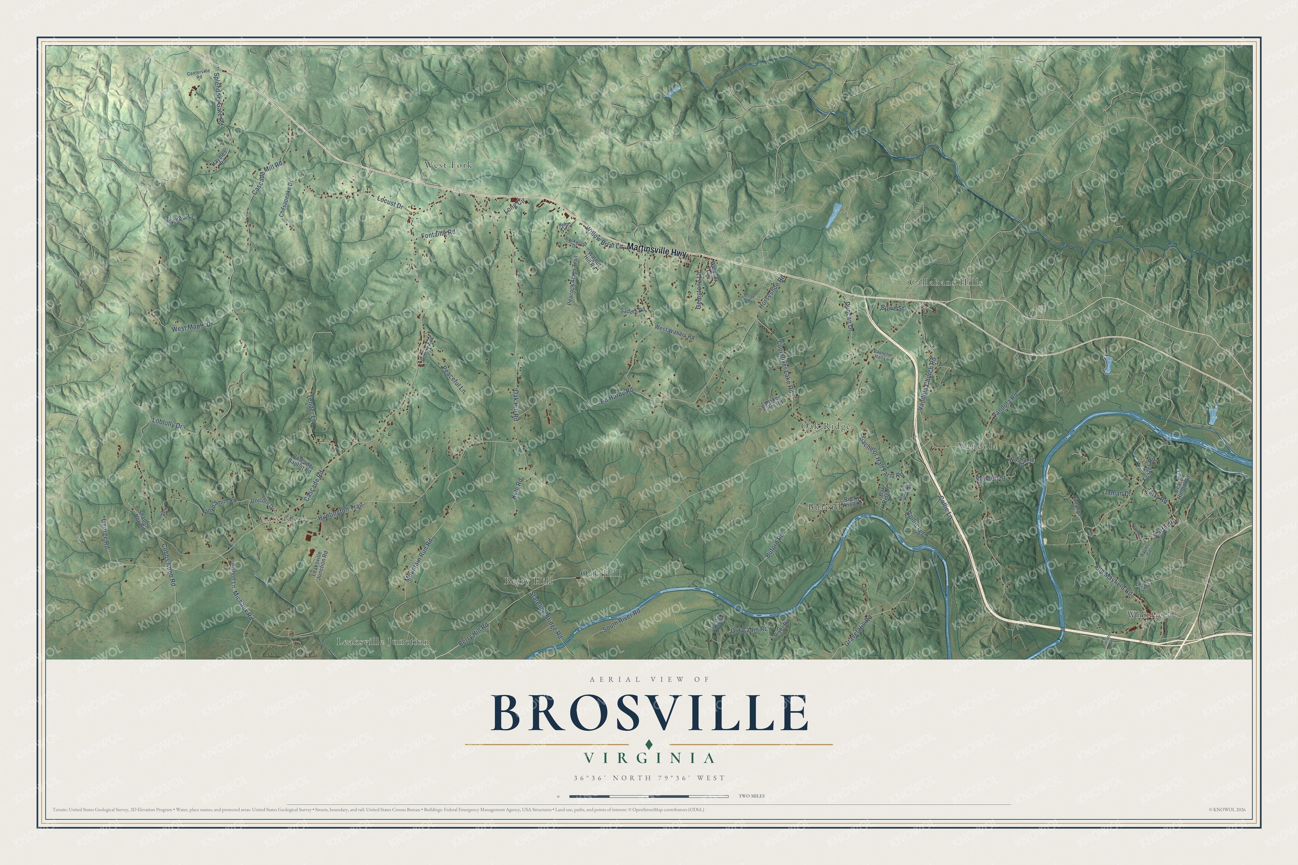 Full map of Brosville, Virginia, with red buildings, printed street names and the land around them
