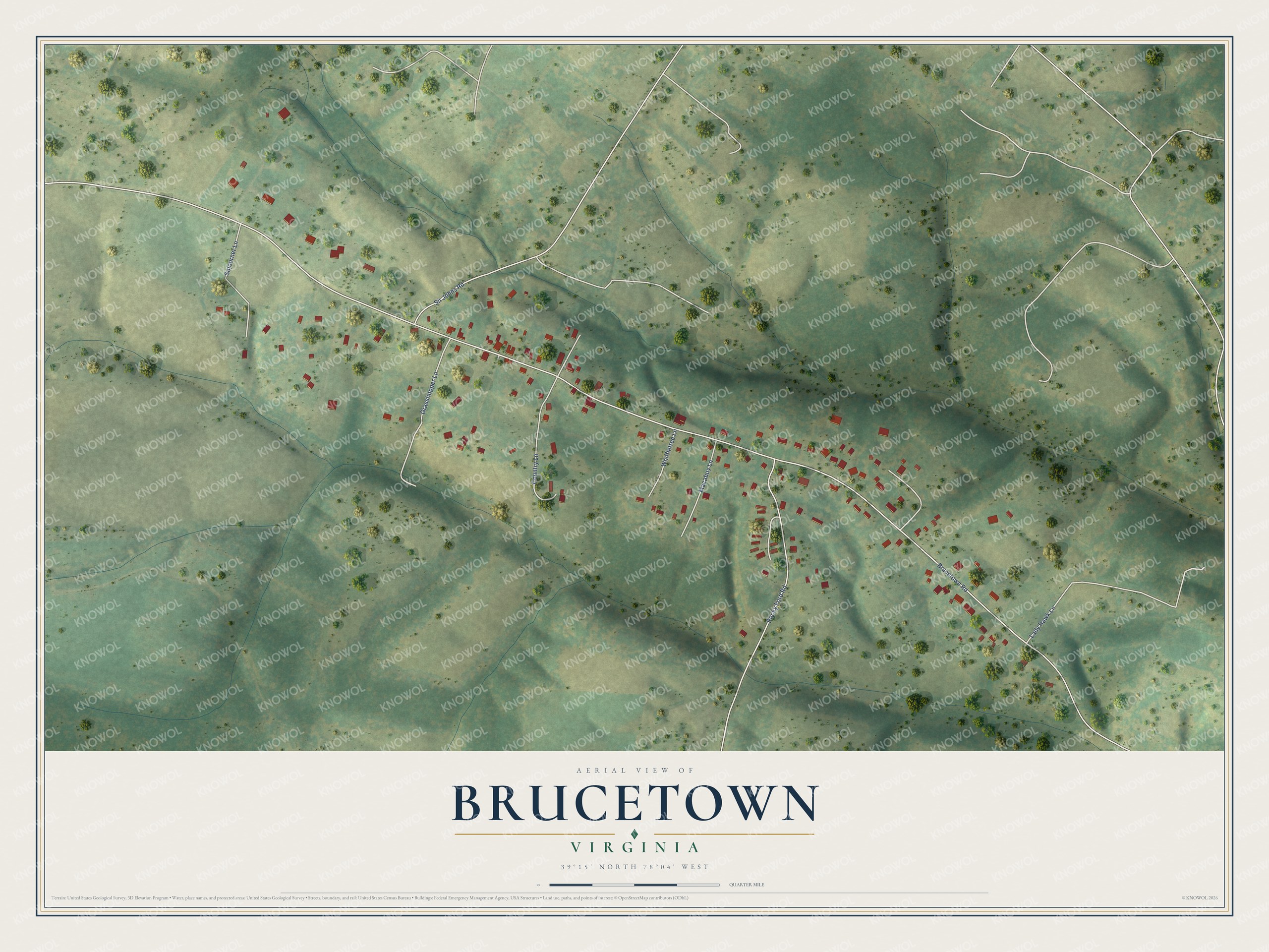 Full map of Brucetown, Virginia, with red buildings, printed street names and the land around them