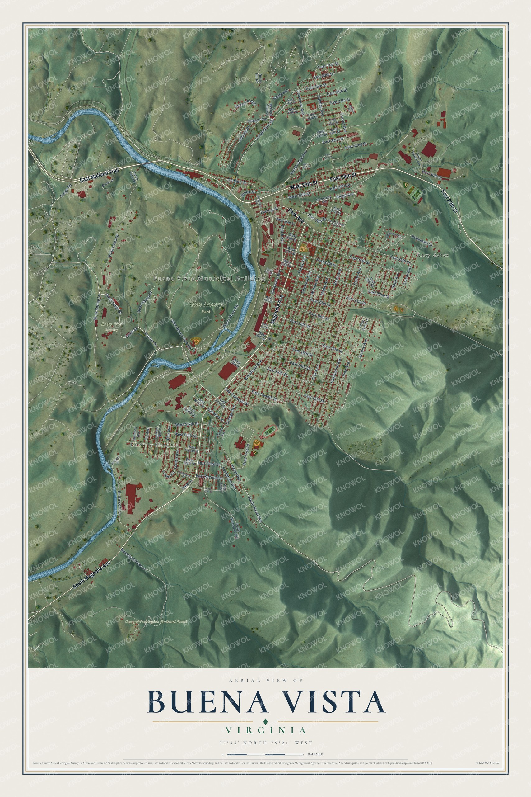 Full map of Buena Vista, Virginia, with red buildings, printed street names and the land around them