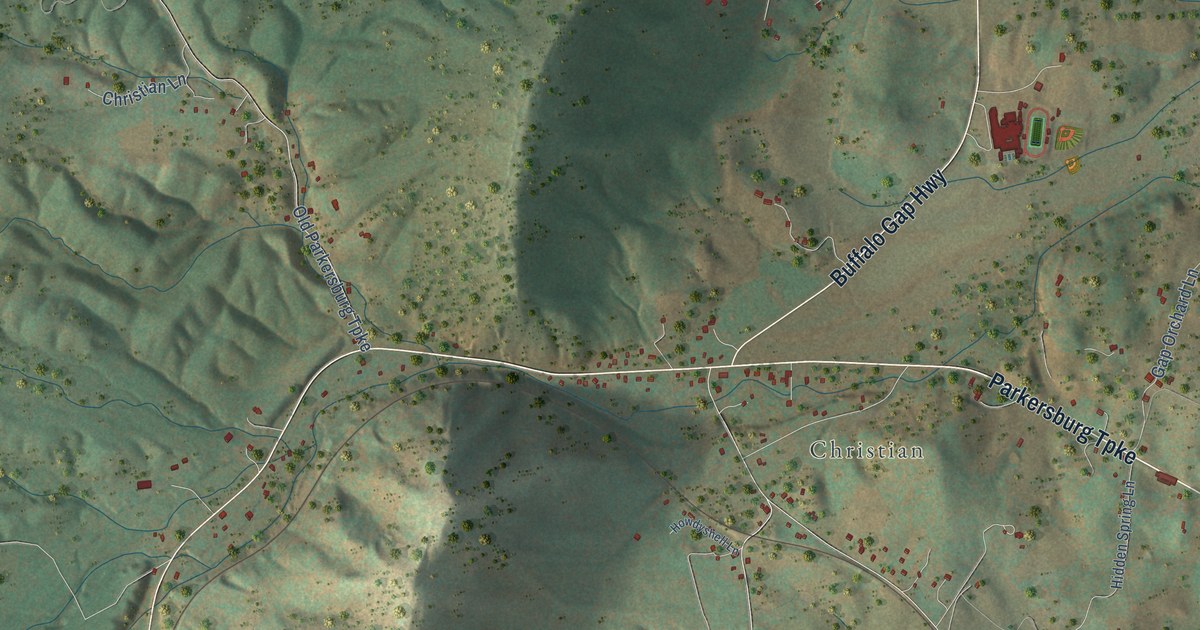 Close-up of streets and buildings in Buffalo Gap, Virginia
