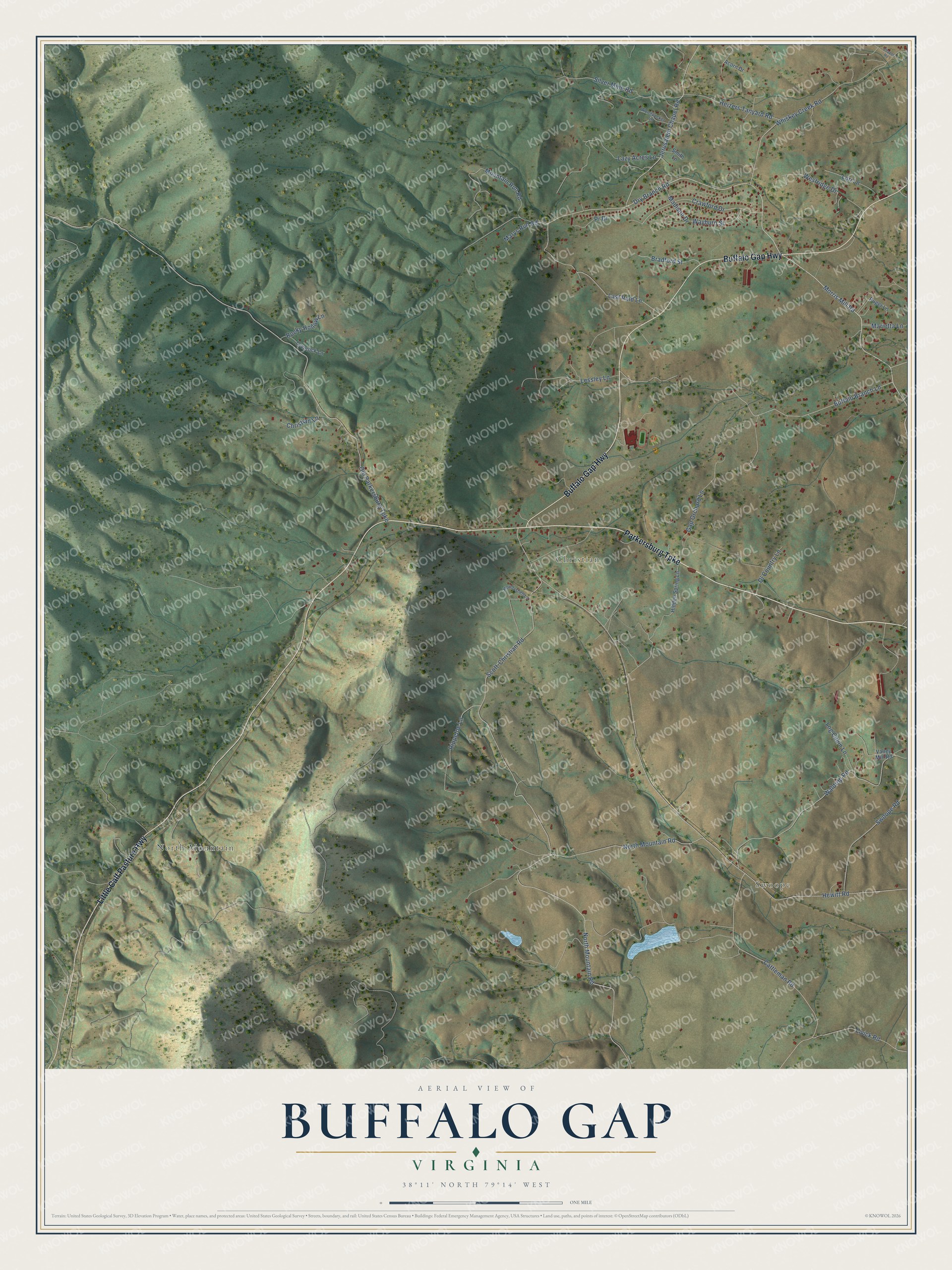 Full map of Buffalo Gap, Virginia, with red buildings, printed street names and the land around them