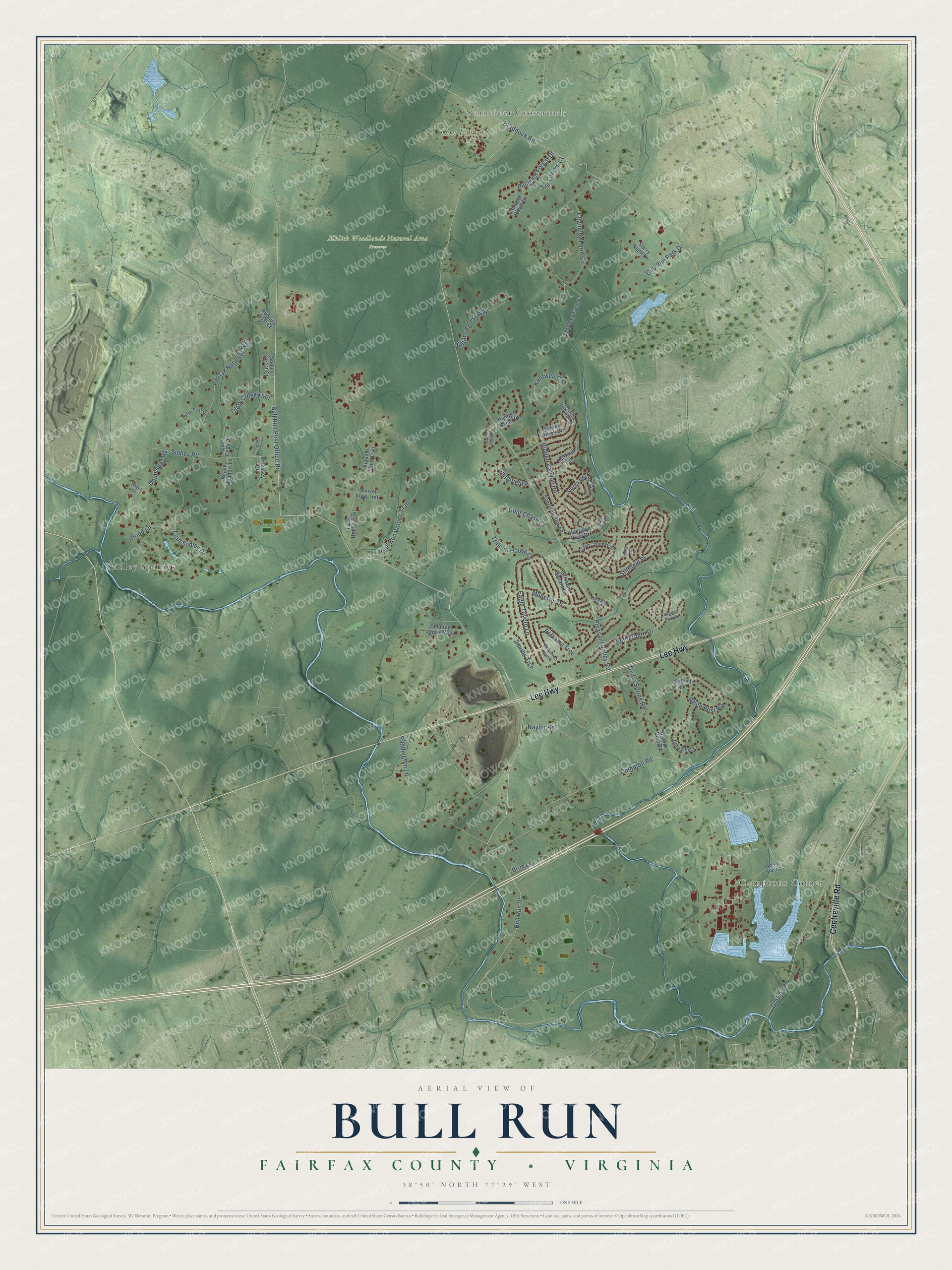 Full map of Bull Run, Virginia, with red buildings, printed street names and the land around them