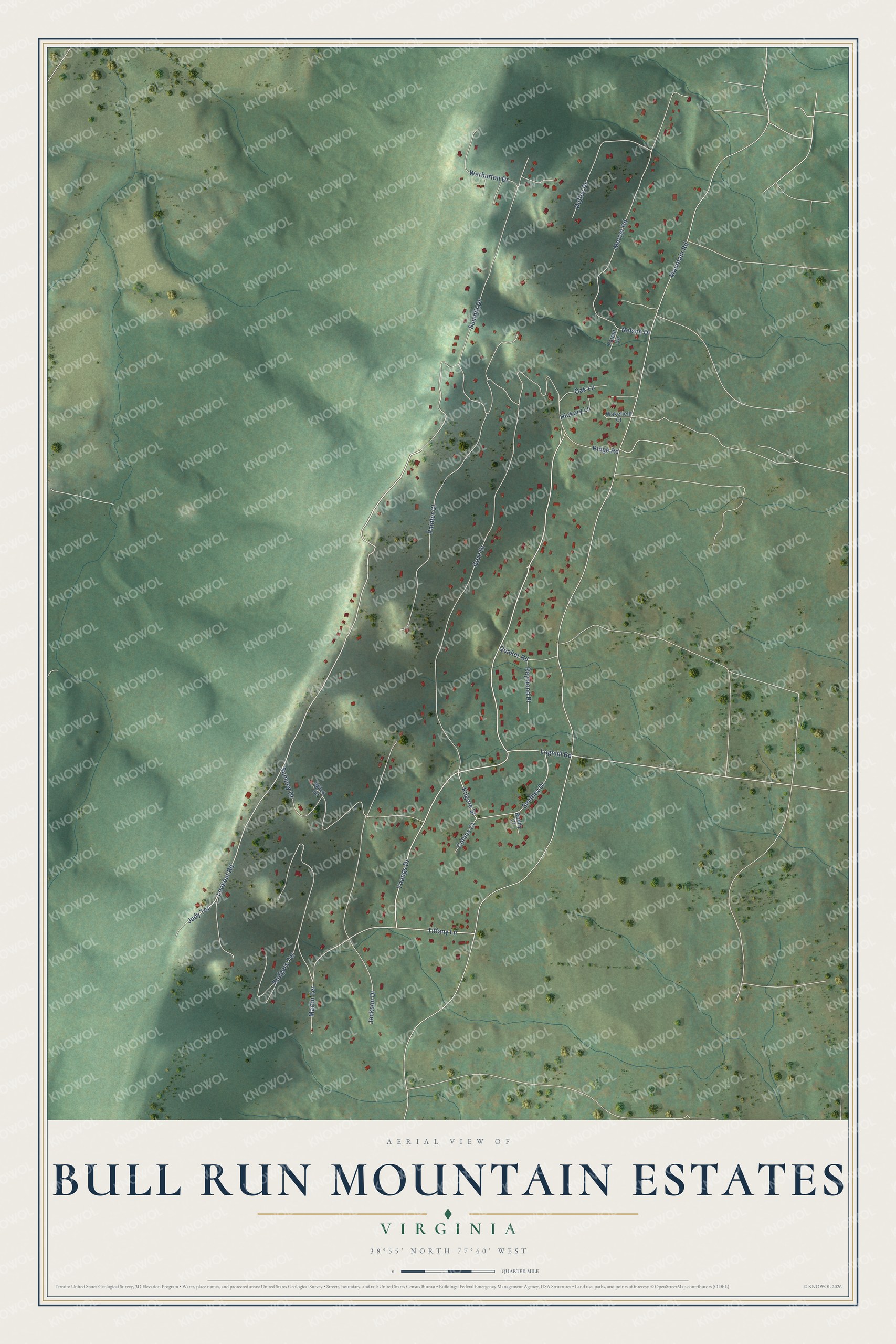 Full map of Bull Run Mountain Estates, Virginia, with red buildings, printed street names and the land around them