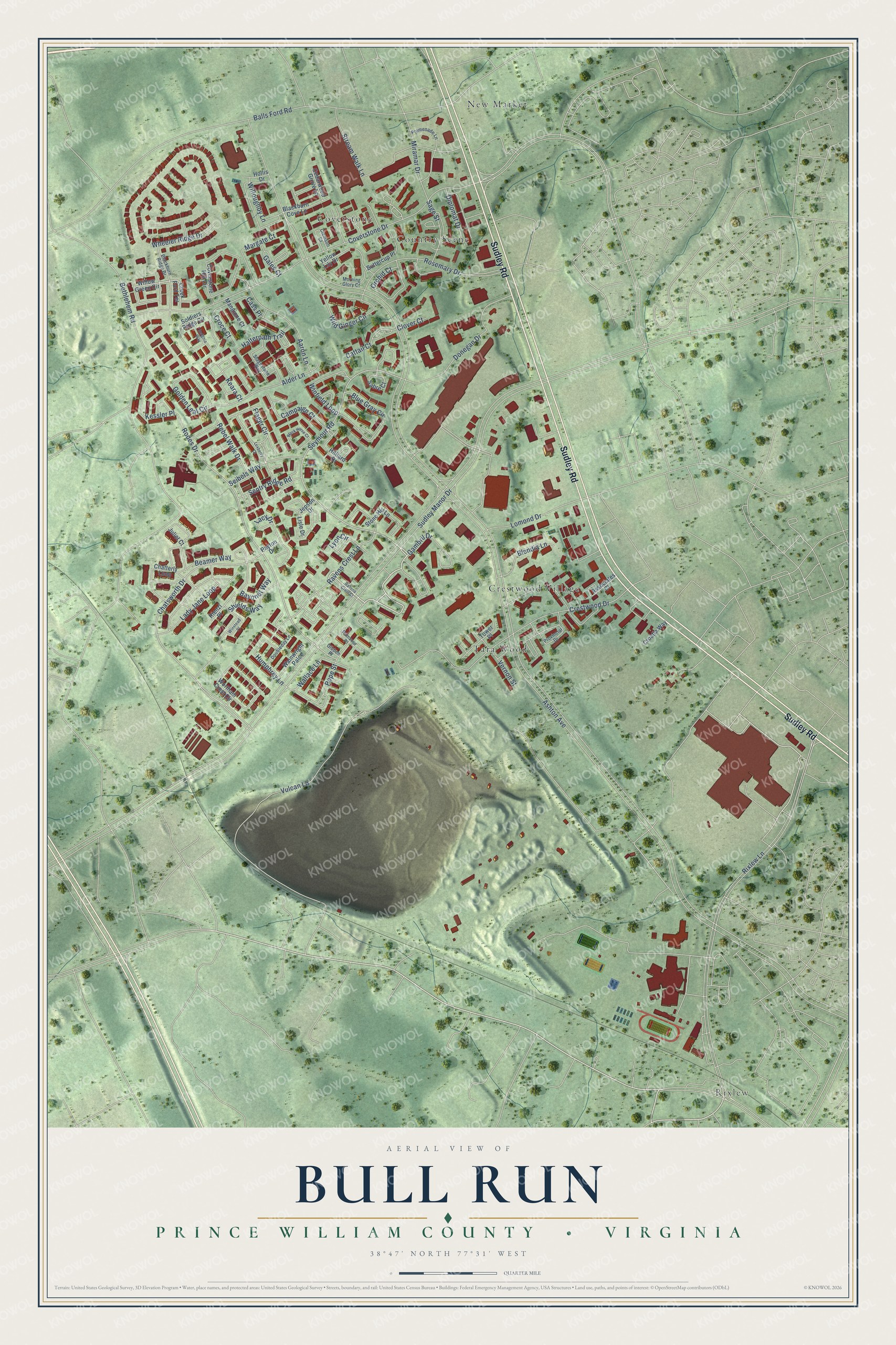 Full map of Bull Run, Virginia, with red buildings, printed street names and the land around them
