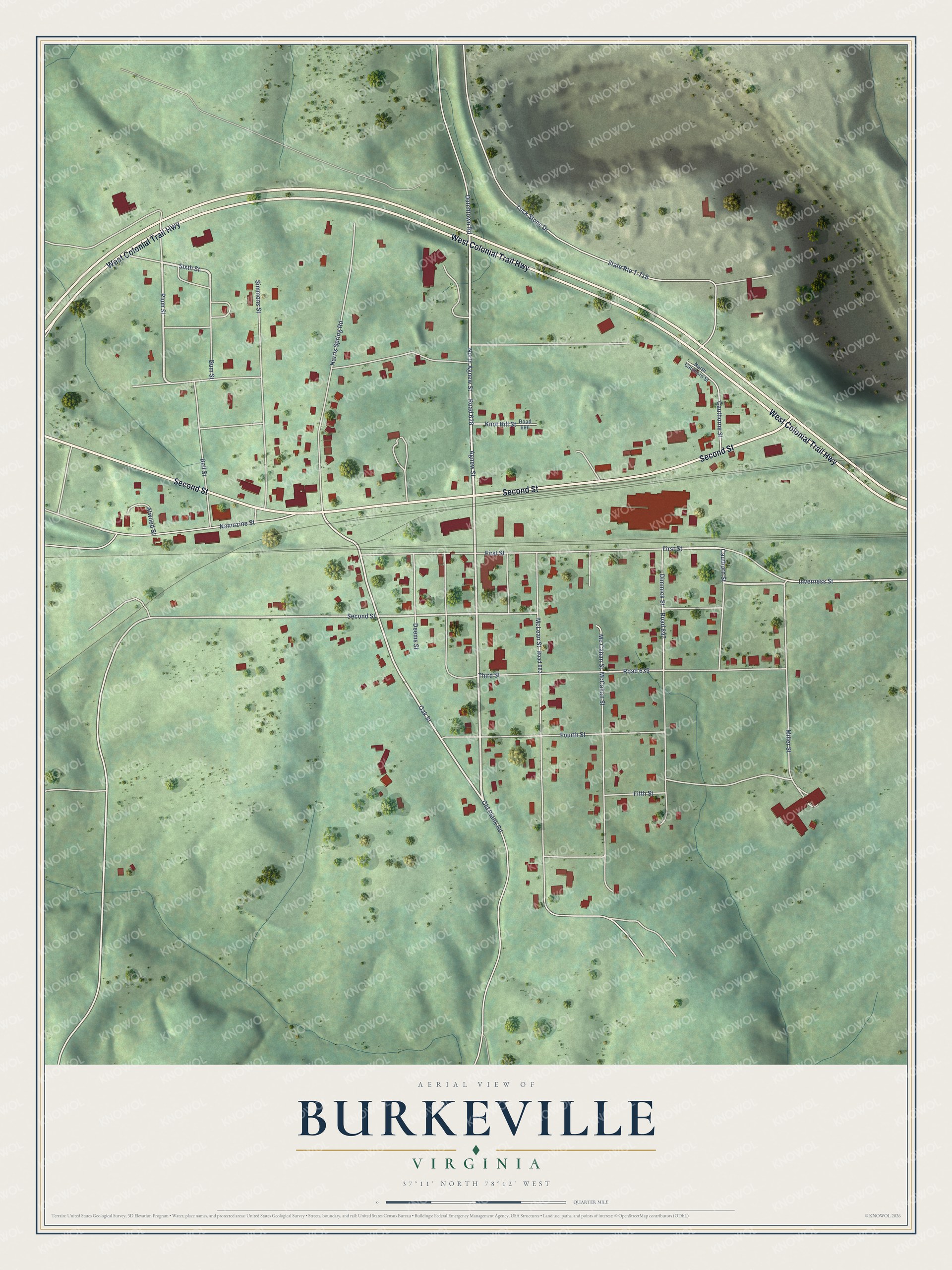 Full map of Burkeville, Virginia, with red buildings, printed street names and the land around them