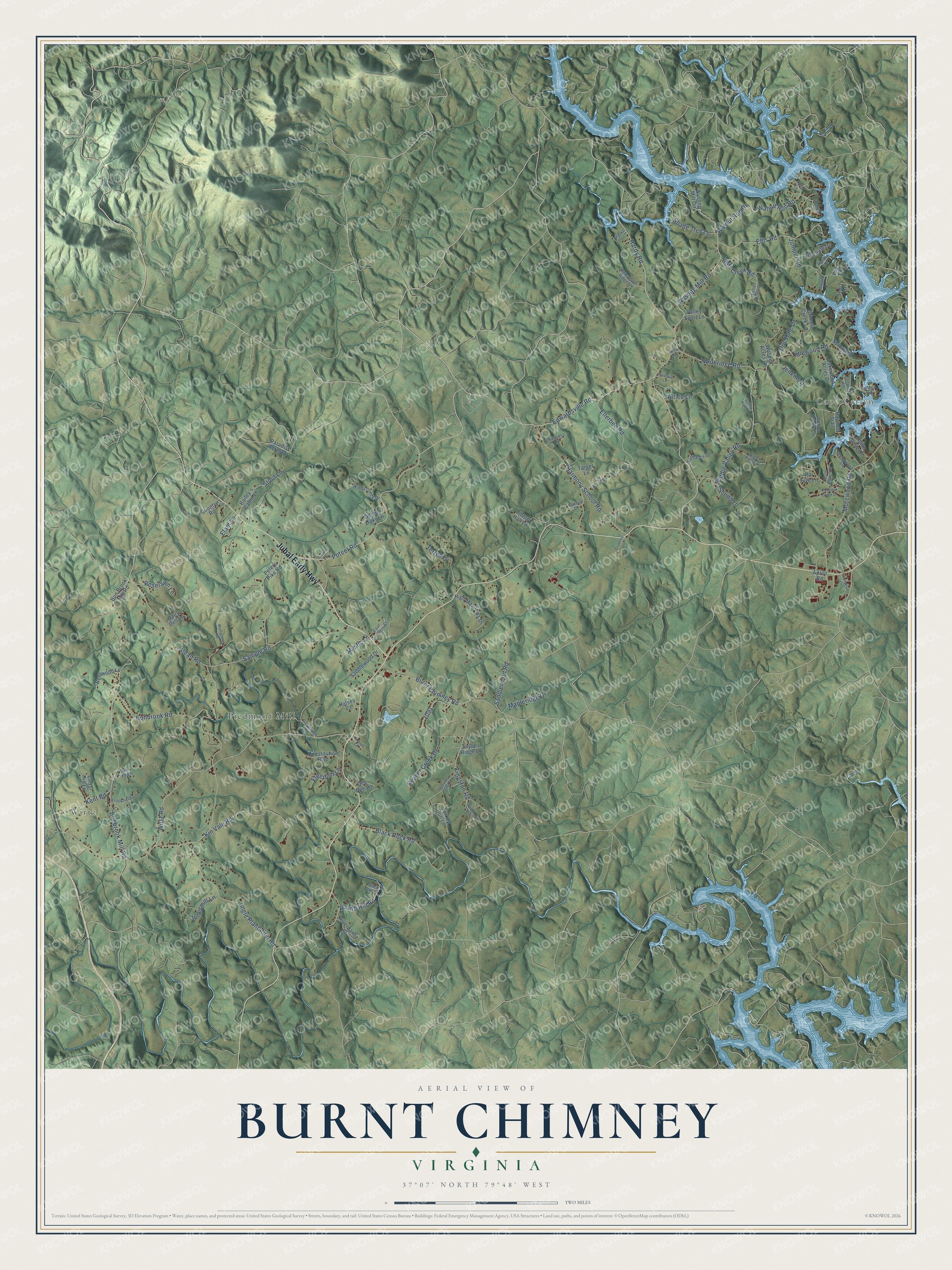 Full map of Burnt Chimney, Virginia, with red buildings, printed street names and the land around them