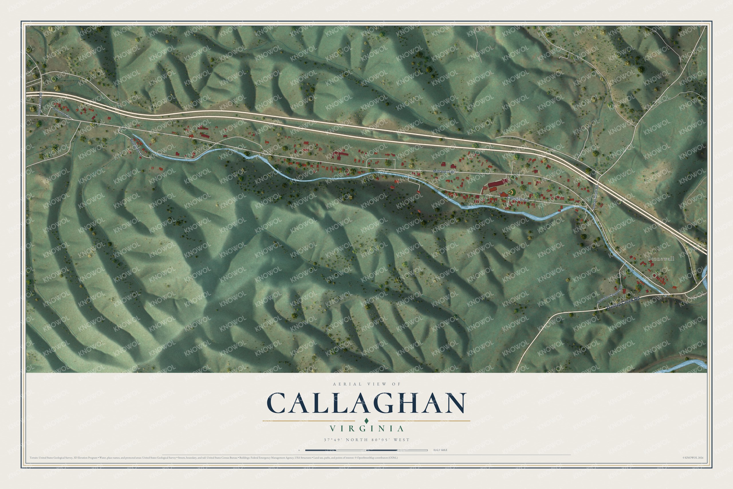 Full map of Callaghan, Virginia, with red buildings, printed street names and the land around them