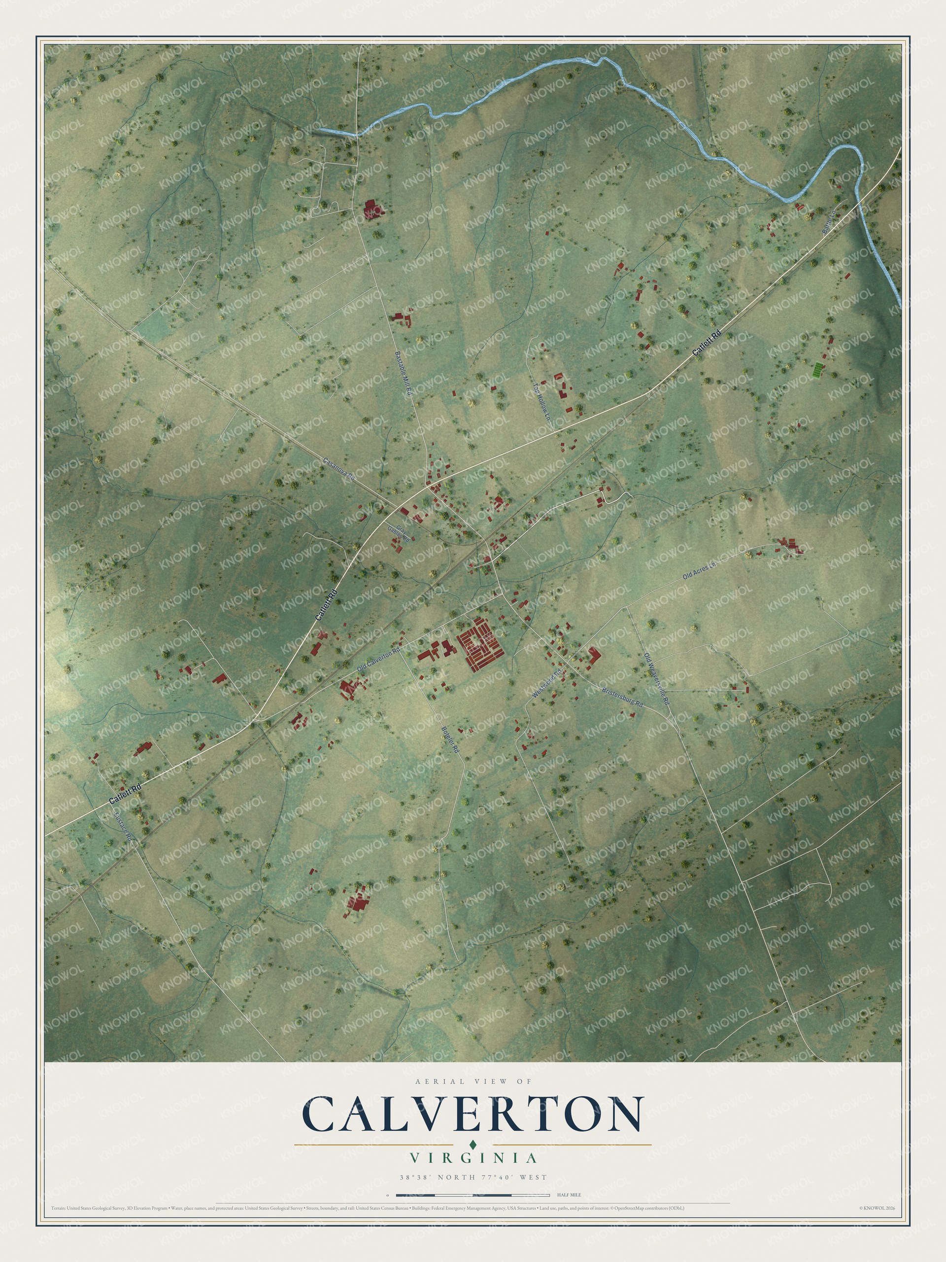 Full map of Calverton, Virginia, with red buildings, printed street names and the land around them