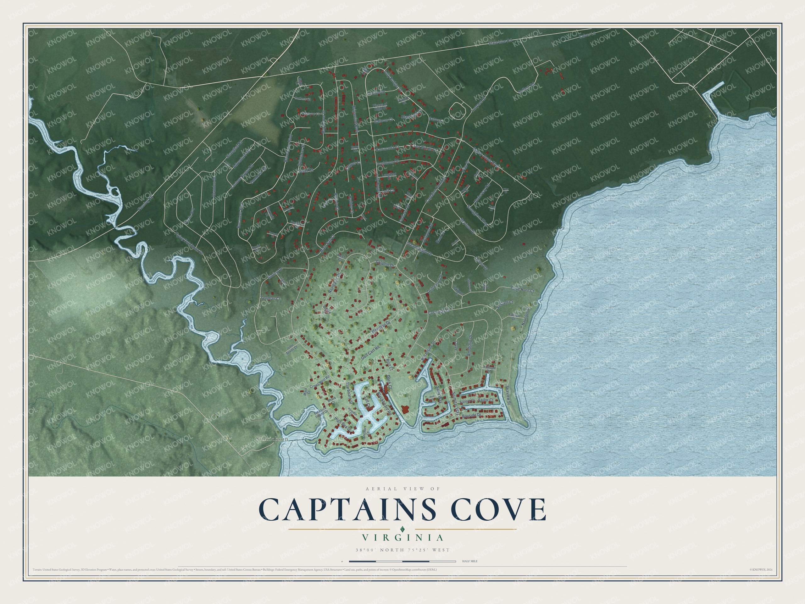 Full map of Captains Cove, Virginia, with red buildings, printed street names and the land around them
