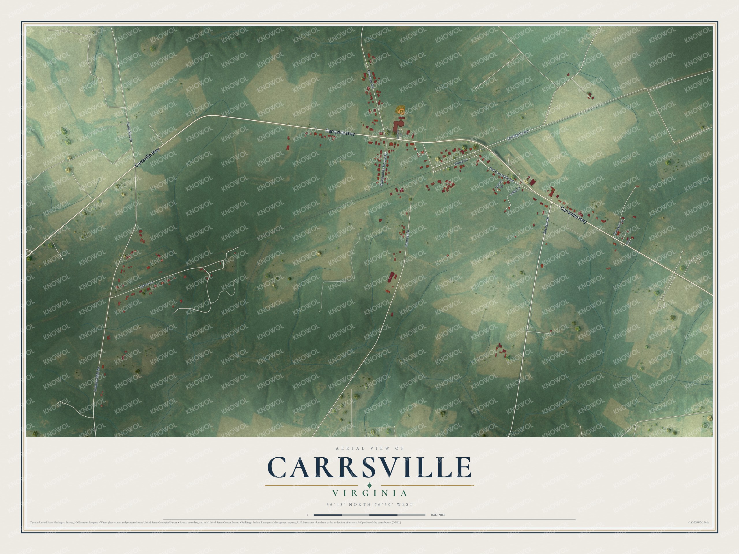 Full map of Carrsville, Virginia, with red buildings, printed street names and the land around them