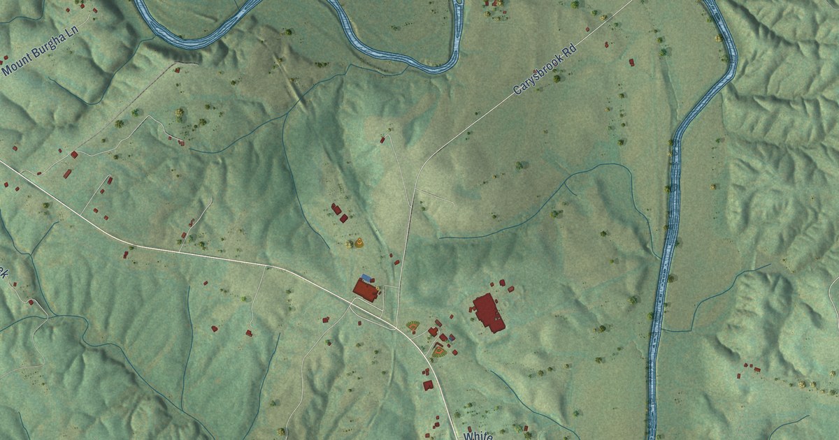 Close-up of streets and buildings in Carysbrook, Virginia