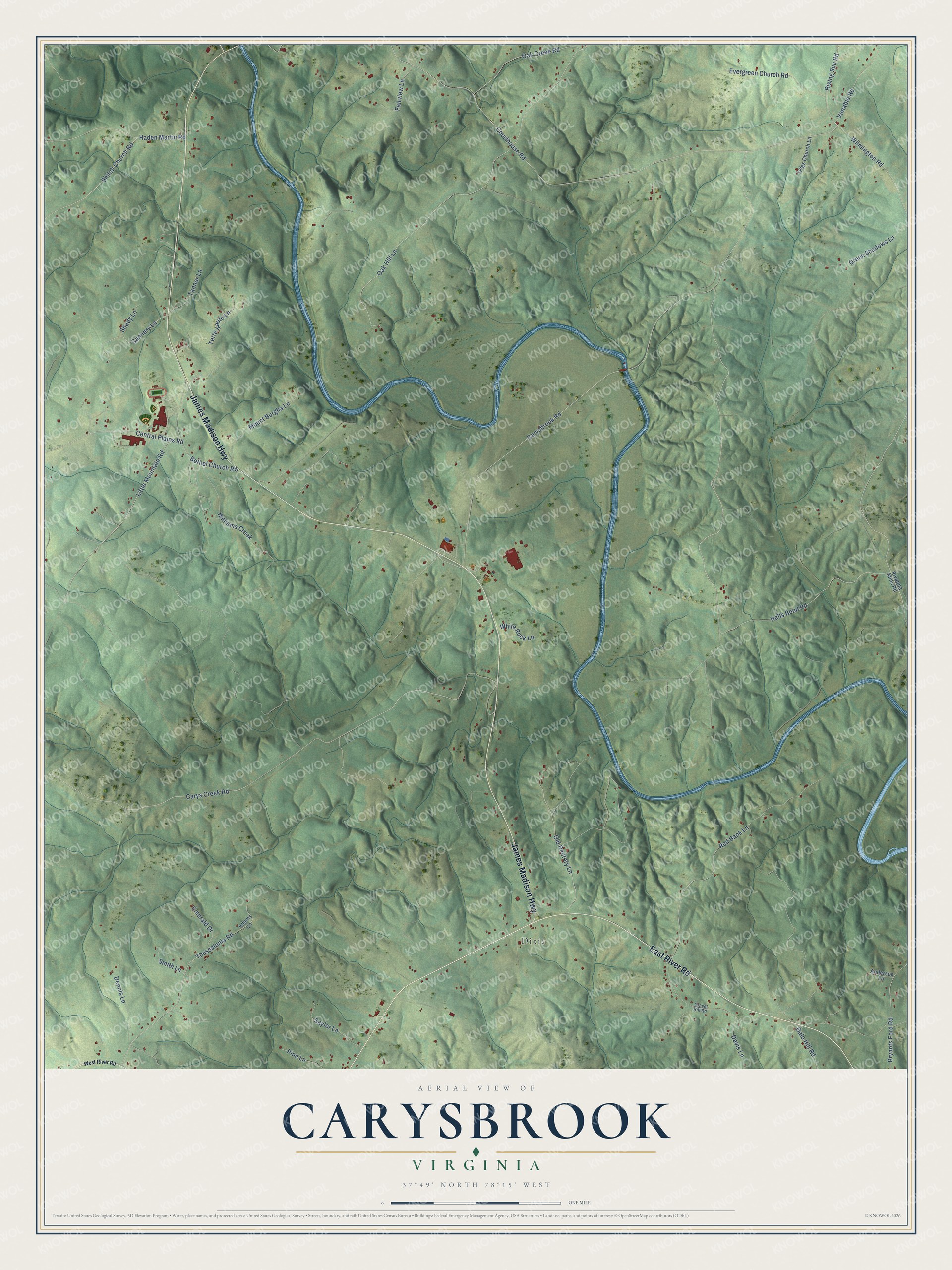 Full map of Carysbrook, Virginia, with red buildings, printed street names and the land around them