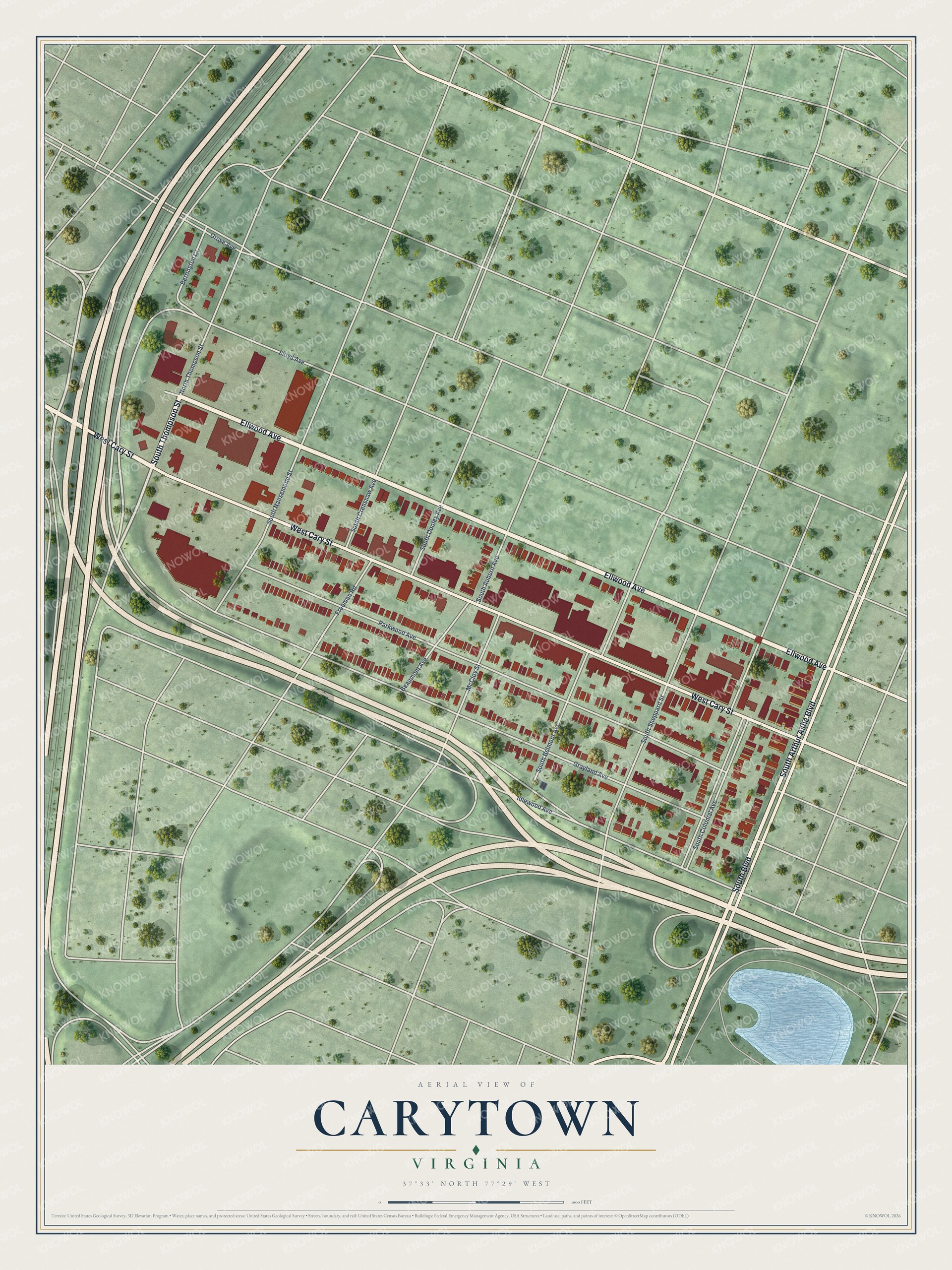 Full map of Carytown, Virginia, with red buildings, printed street names and the land around them