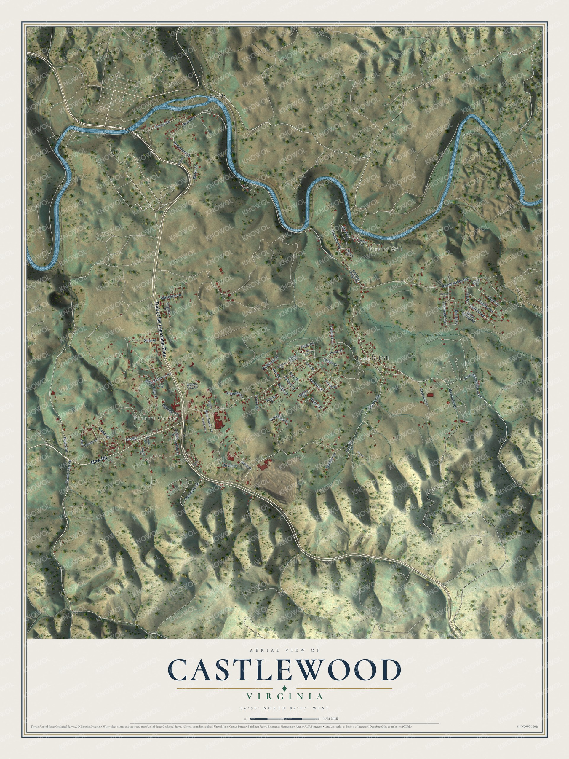 Full map of Castlewood, Virginia, with red buildings, printed street names and the land around them