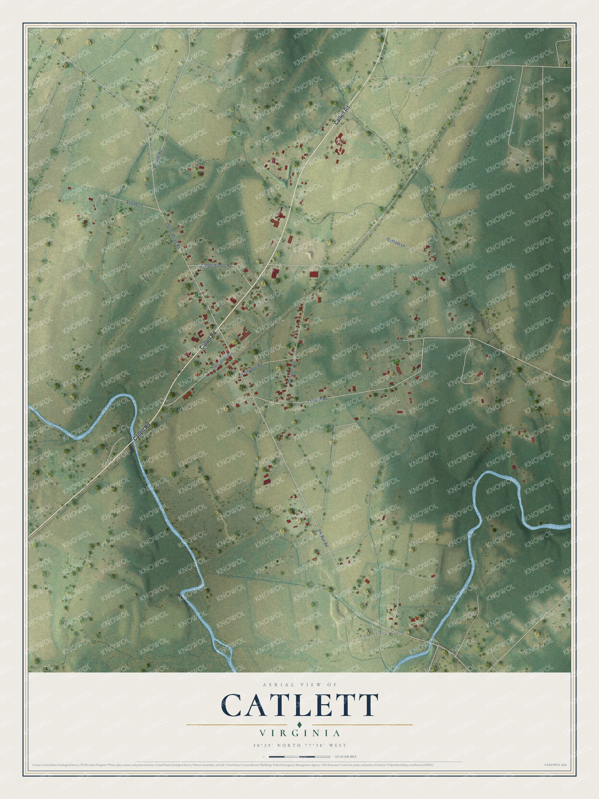 Full map of Catlett, Virginia, with red buildings, printed street names and the land around them