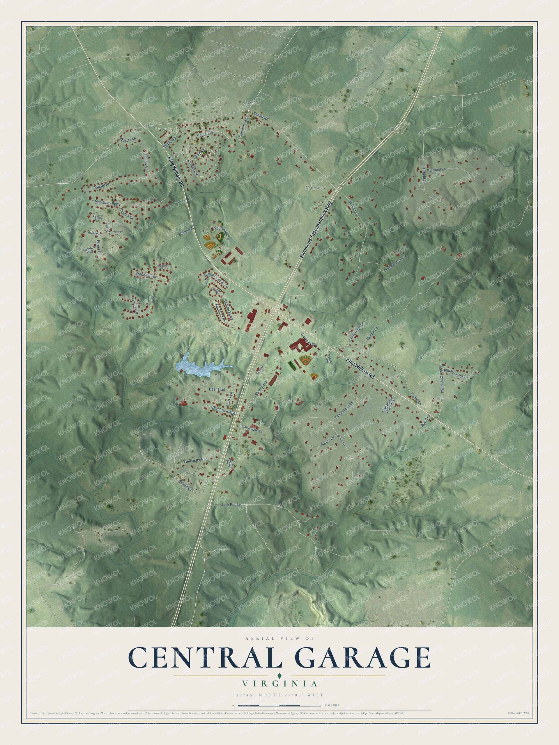 Full map of Central Garage, Virginia, with red buildings, printed street names and the land around them