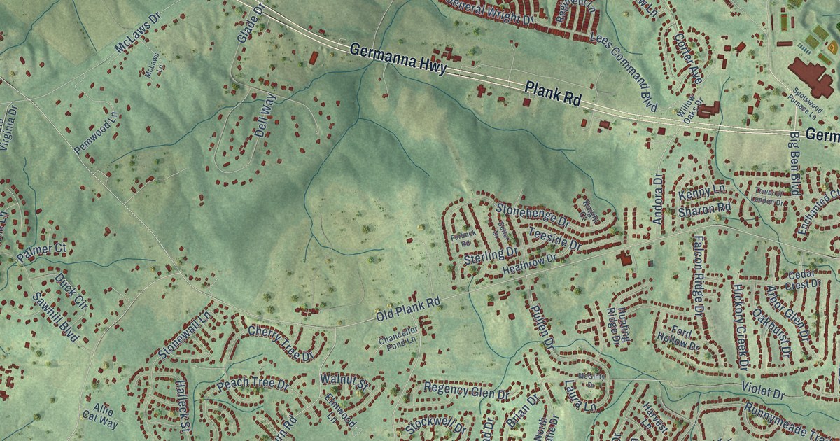 Close-up of streets and buildings in Chancellor, Virginia