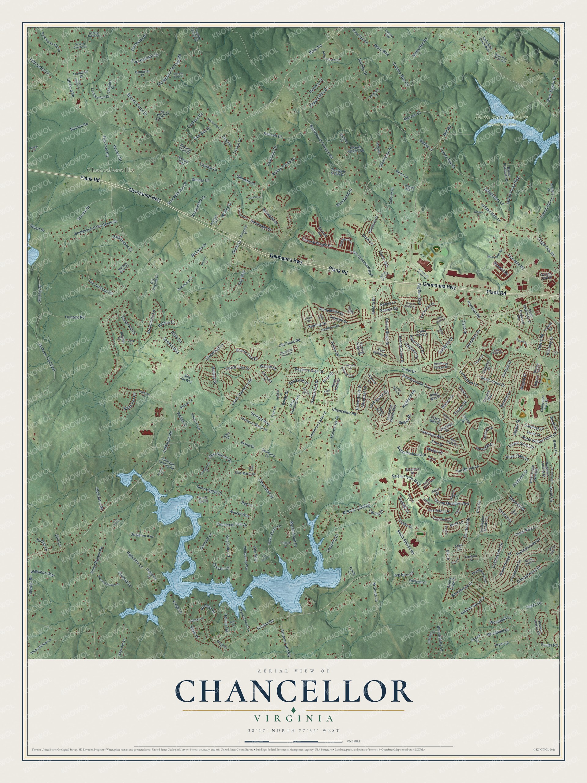 Full map of Chancellor, Virginia, with red buildings, printed street names and the land around them
