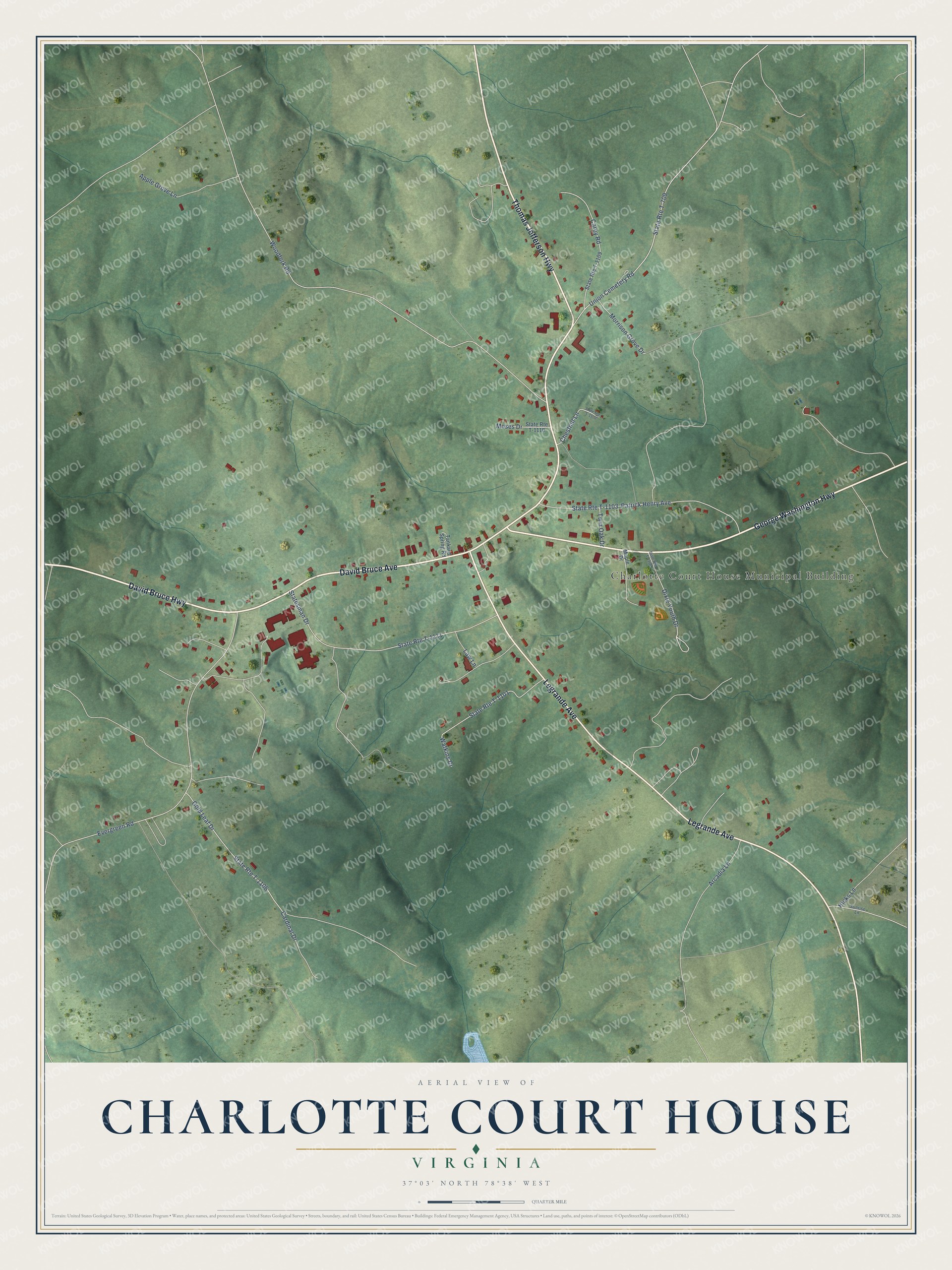 Full map of Charlotte Court House, Virginia, with red buildings, printed street names and the land around them