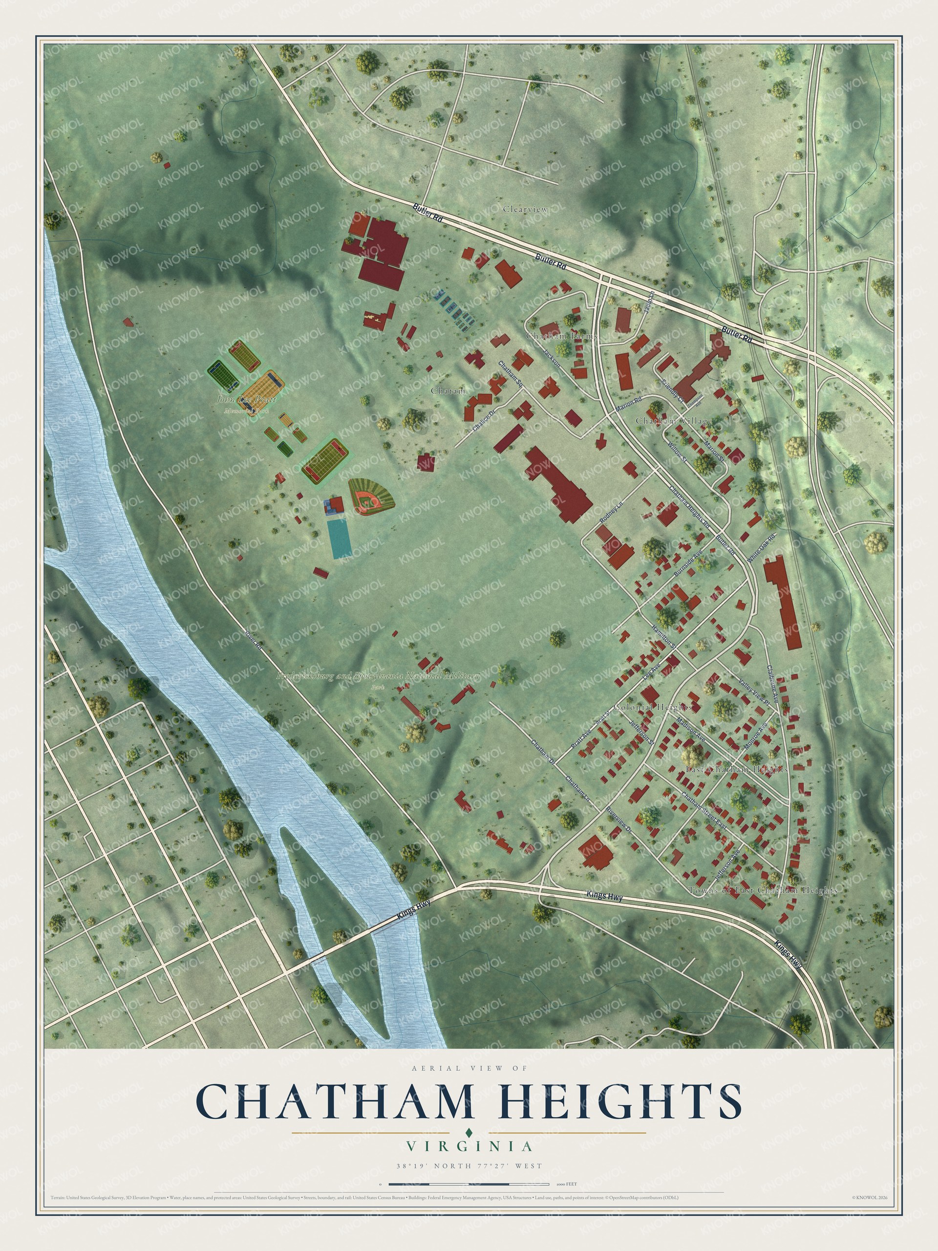 Full map of Chatham Heights, Virginia, with red buildings, printed street names and the land around them