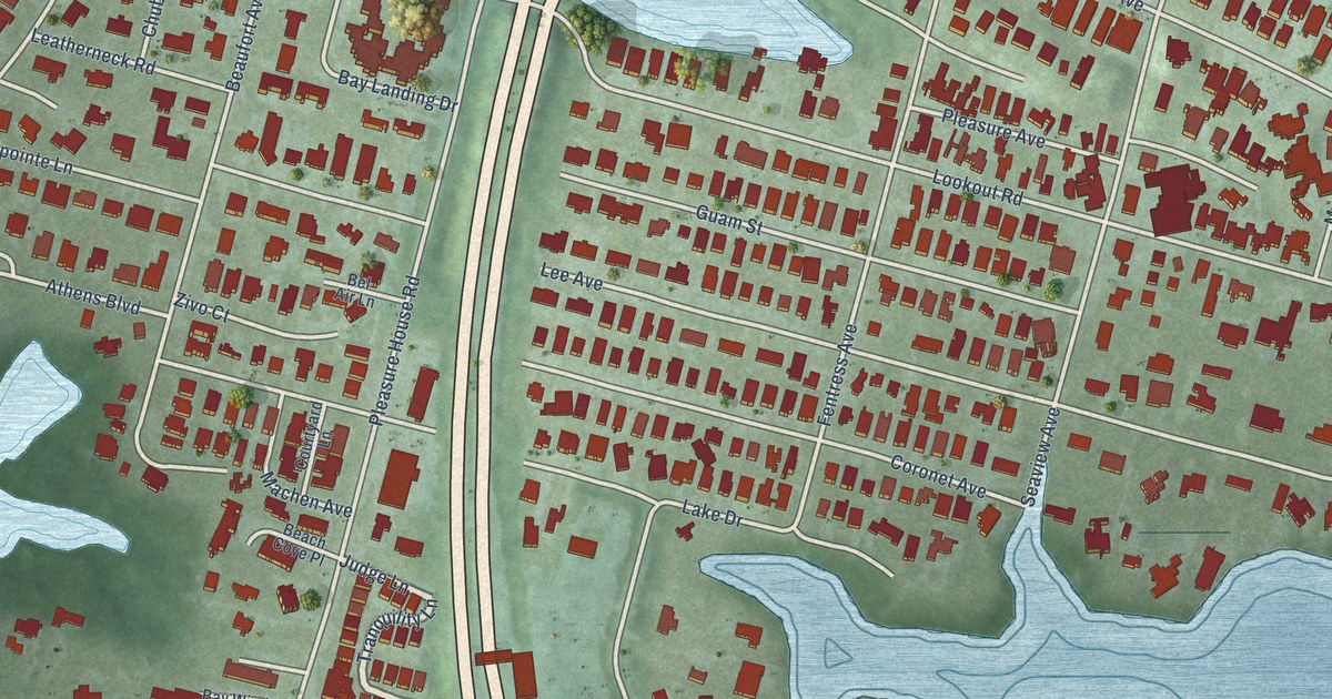 Close-up of streets and buildings in Chesapeake Beach, Virginia