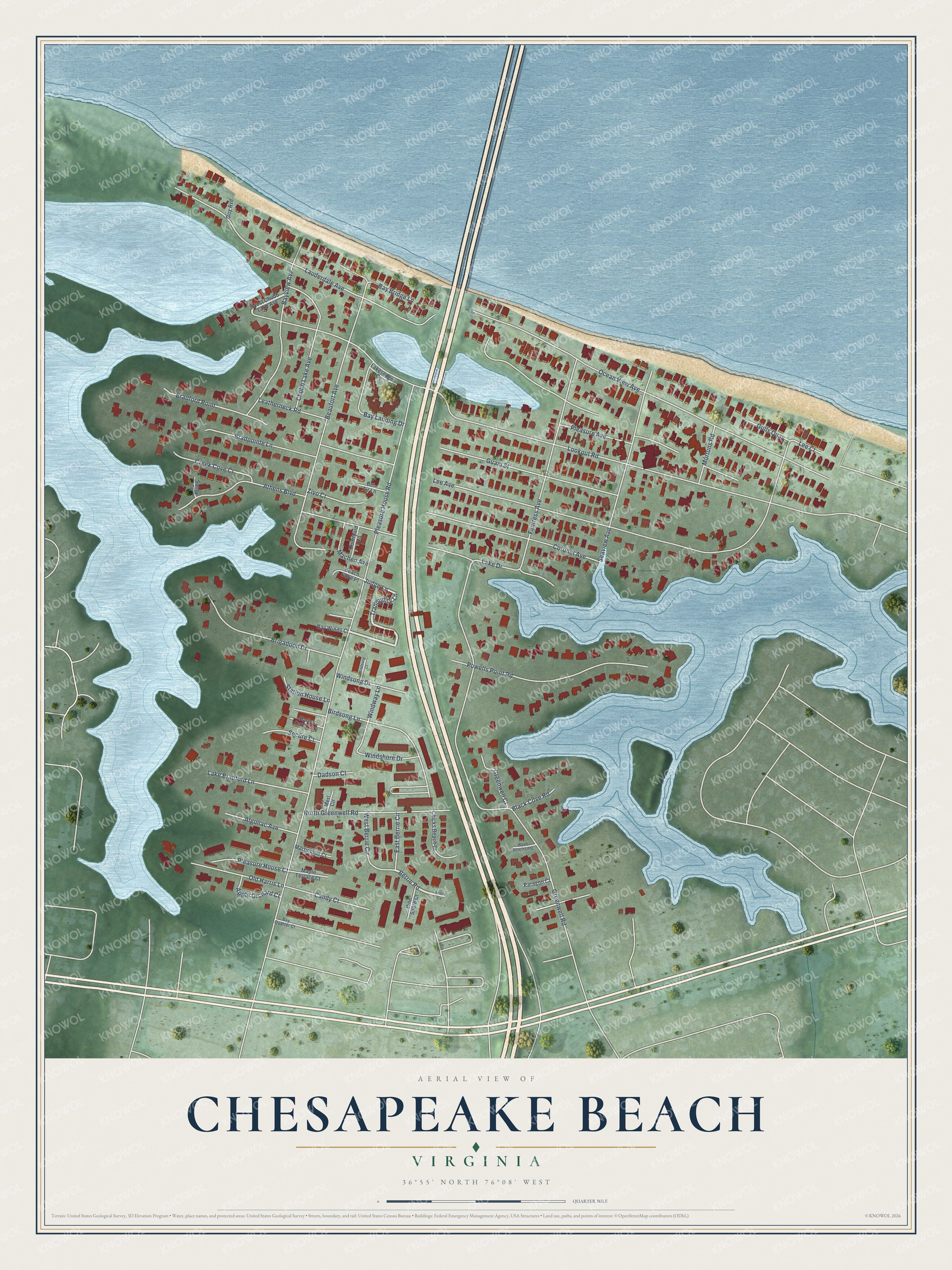 Full map of Chesapeake Beach, Virginia, with red buildings, printed street names and the land around them