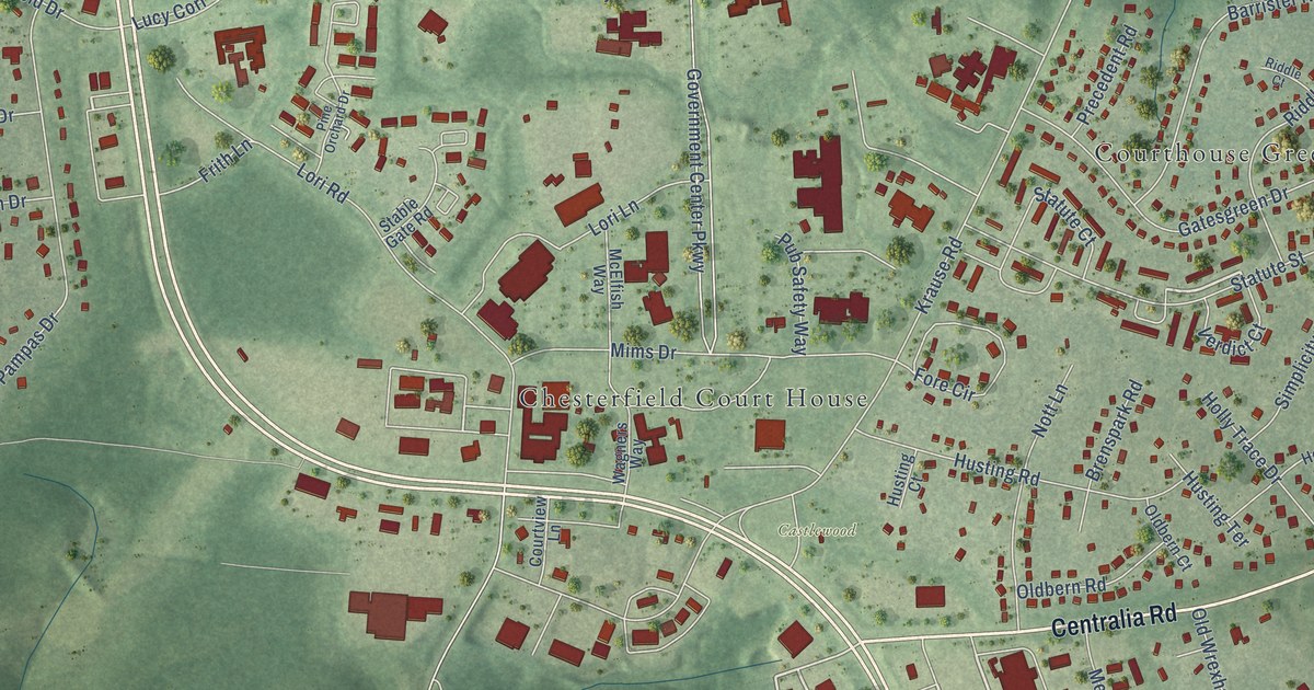 Close-up of streets and buildings in Chesterfield, Virginia