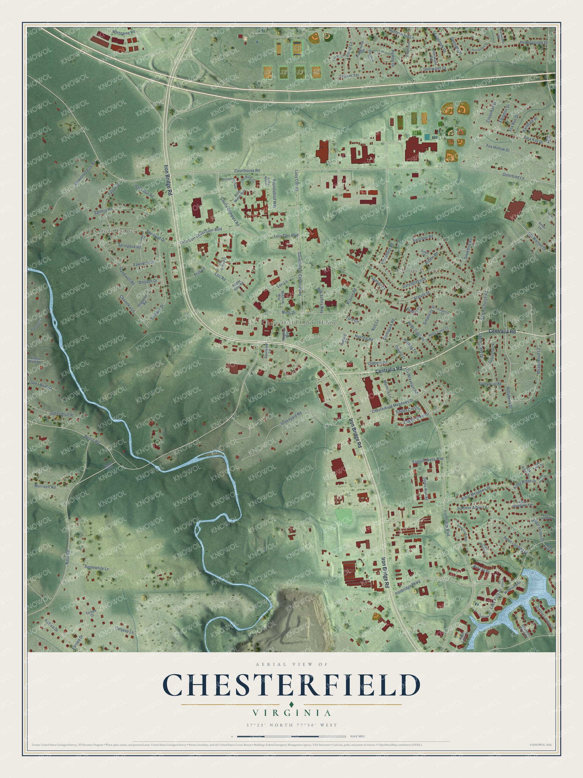 Full map of Chesterfield, Virginia, with red buildings, printed street names and the land around them
