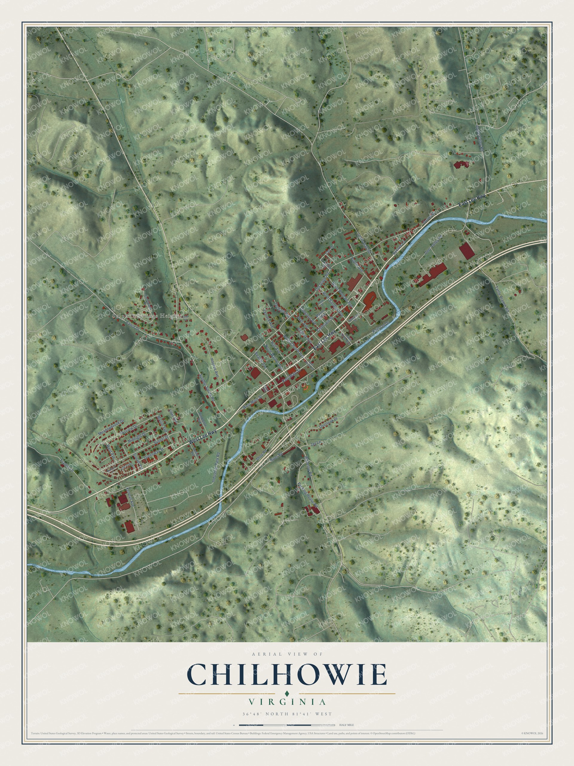 Full map of Chilhowie, Virginia, with red buildings, printed street names and the land around them