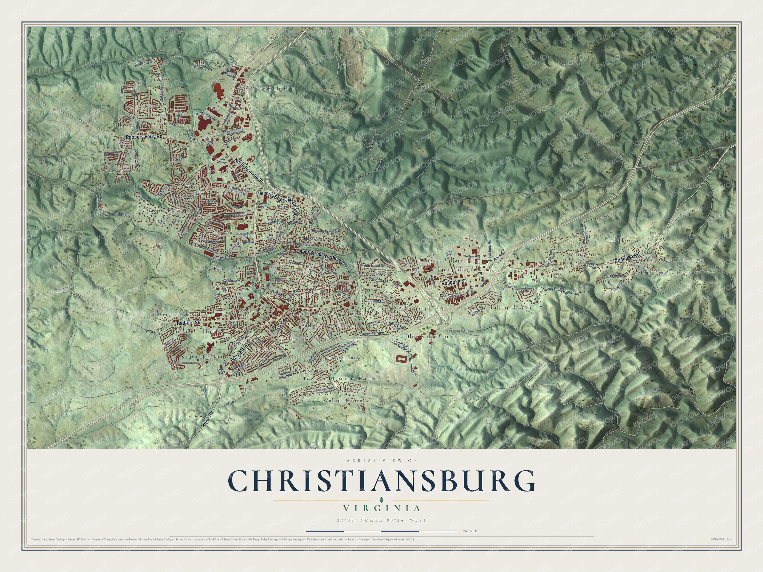 Full map of Christiansburg, Virginia, with red buildings, printed street names and the land around them