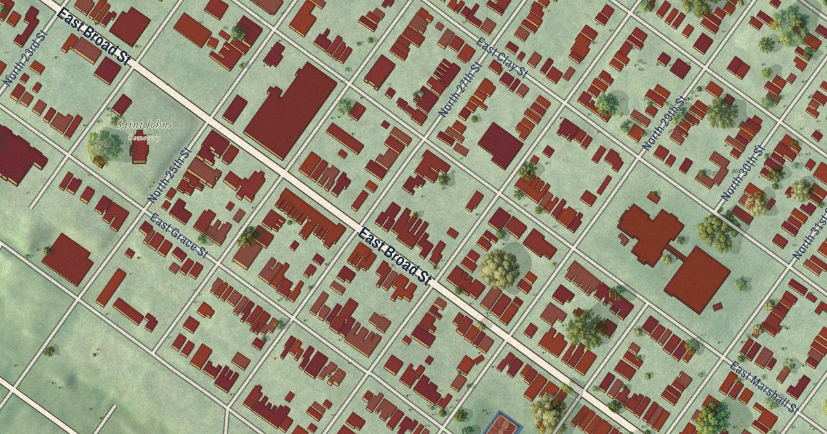 Close-up of streets and buildings in Church Hill, Virginia