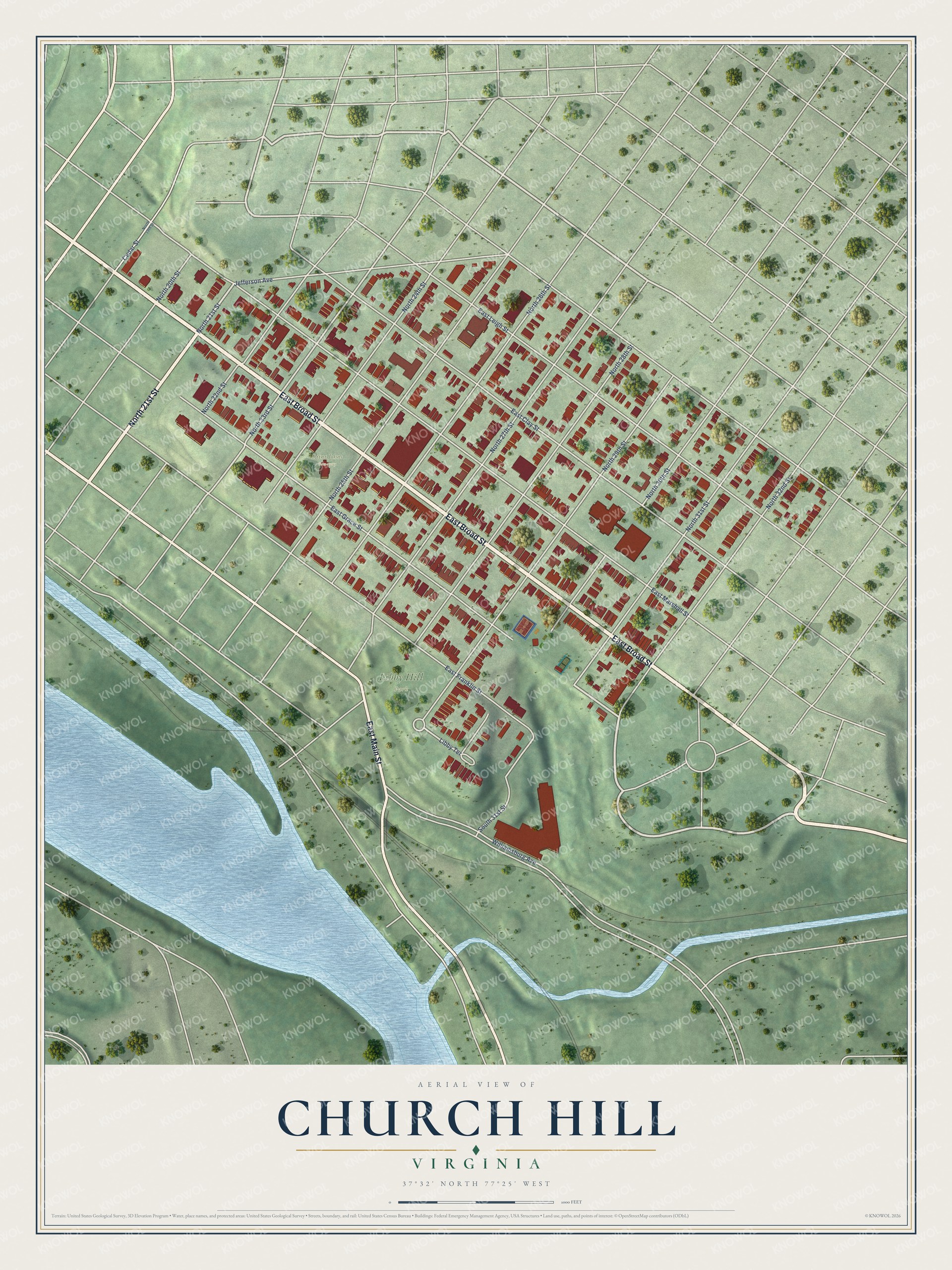 Full map of Church Hill, Virginia, with red buildings, printed street names and the land around them