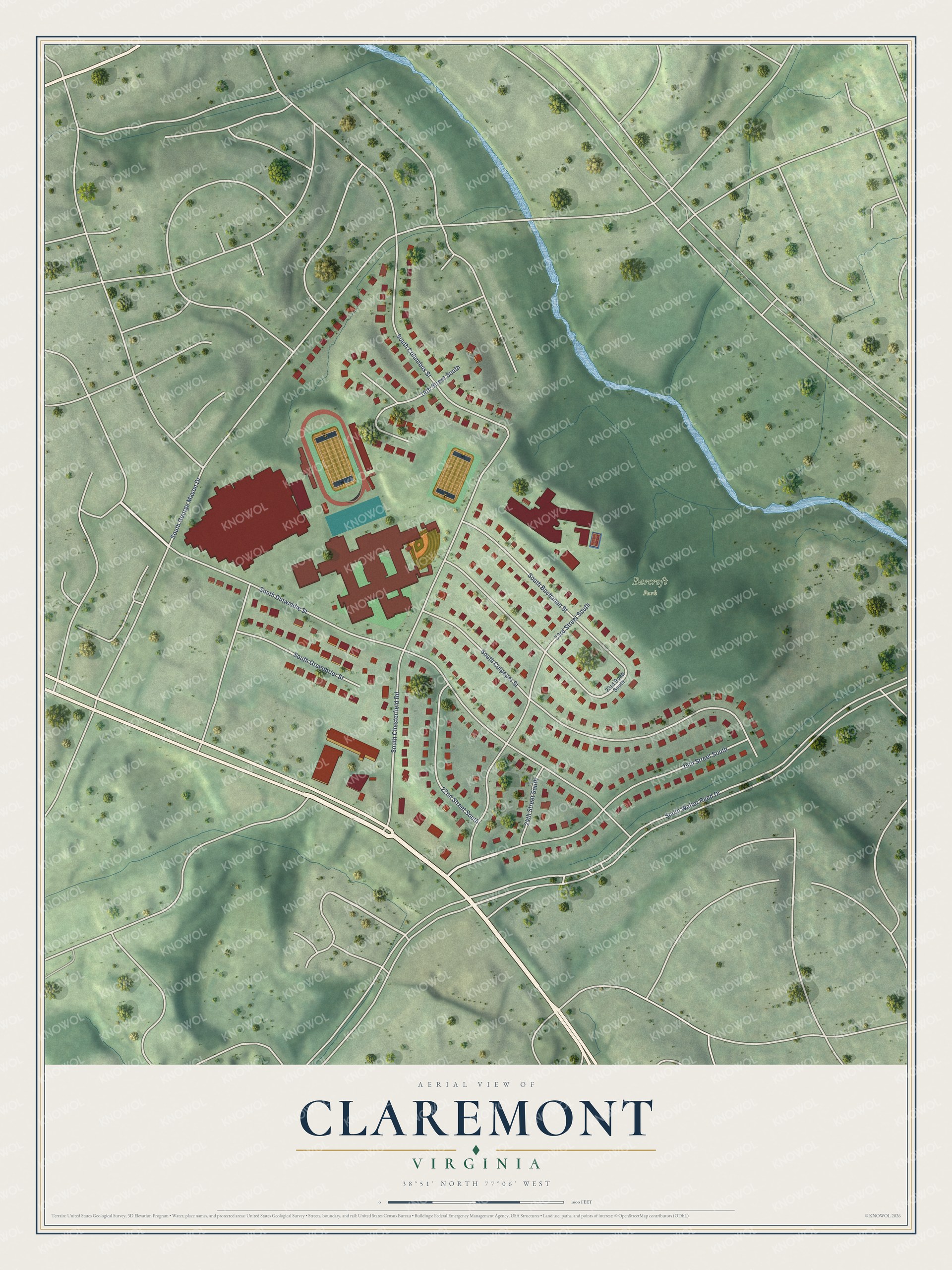 Full map of Claremont, Virginia, with red buildings, printed street names and the land around them