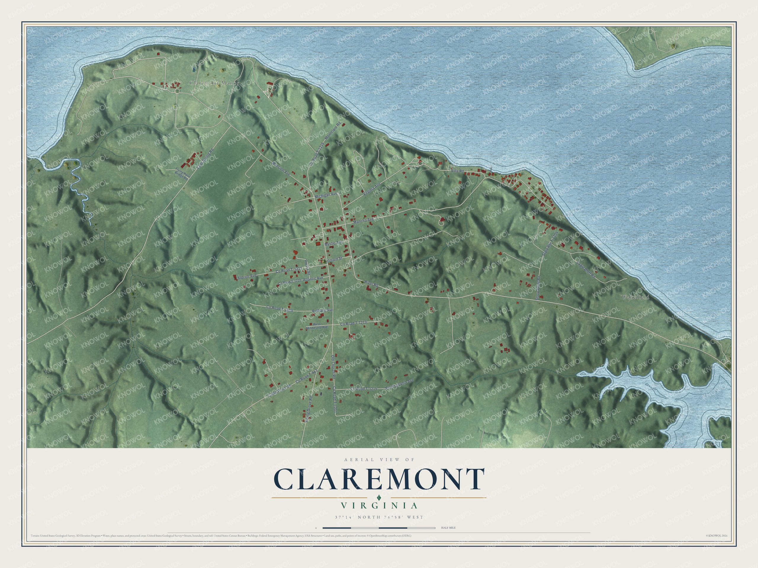 Full map of Claremont, Virginia, with red buildings, printed street names and the land around them
